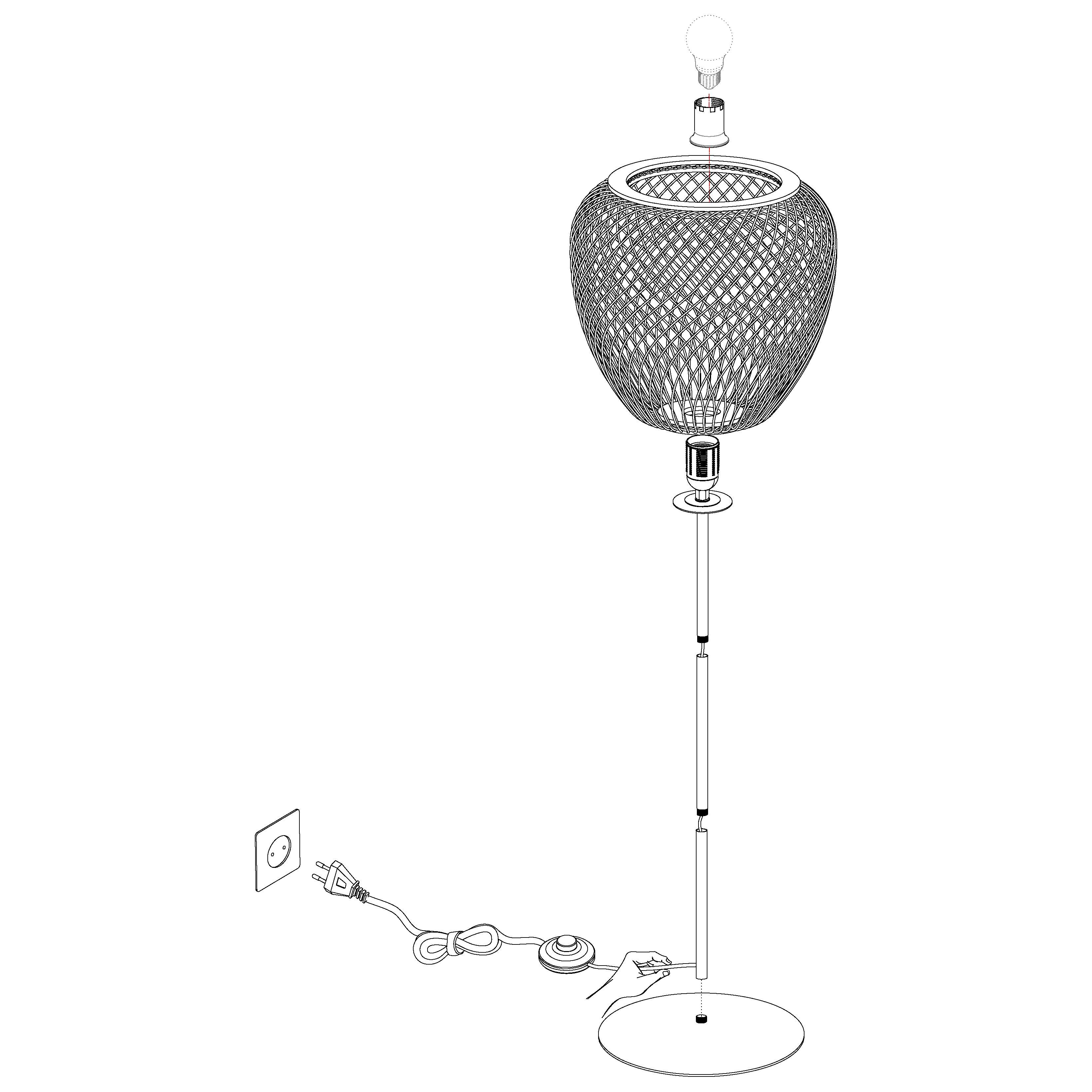 eglo dembleby black metal floor lamp with wicker lampshade living room close up