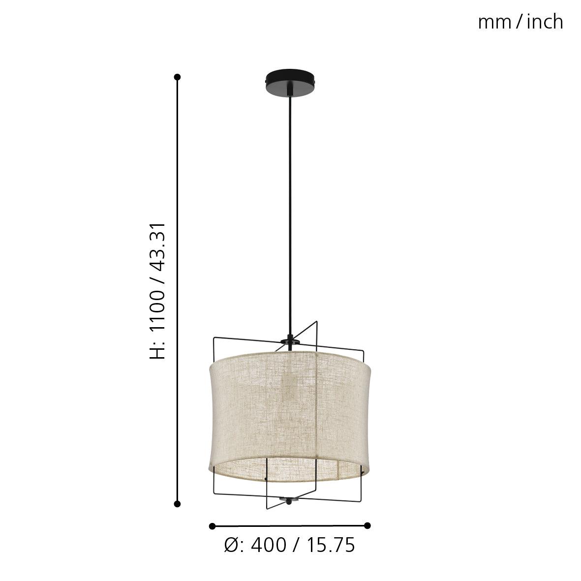 eglo bridekirk black metal frame ceiling pendant linen shade living room close up
