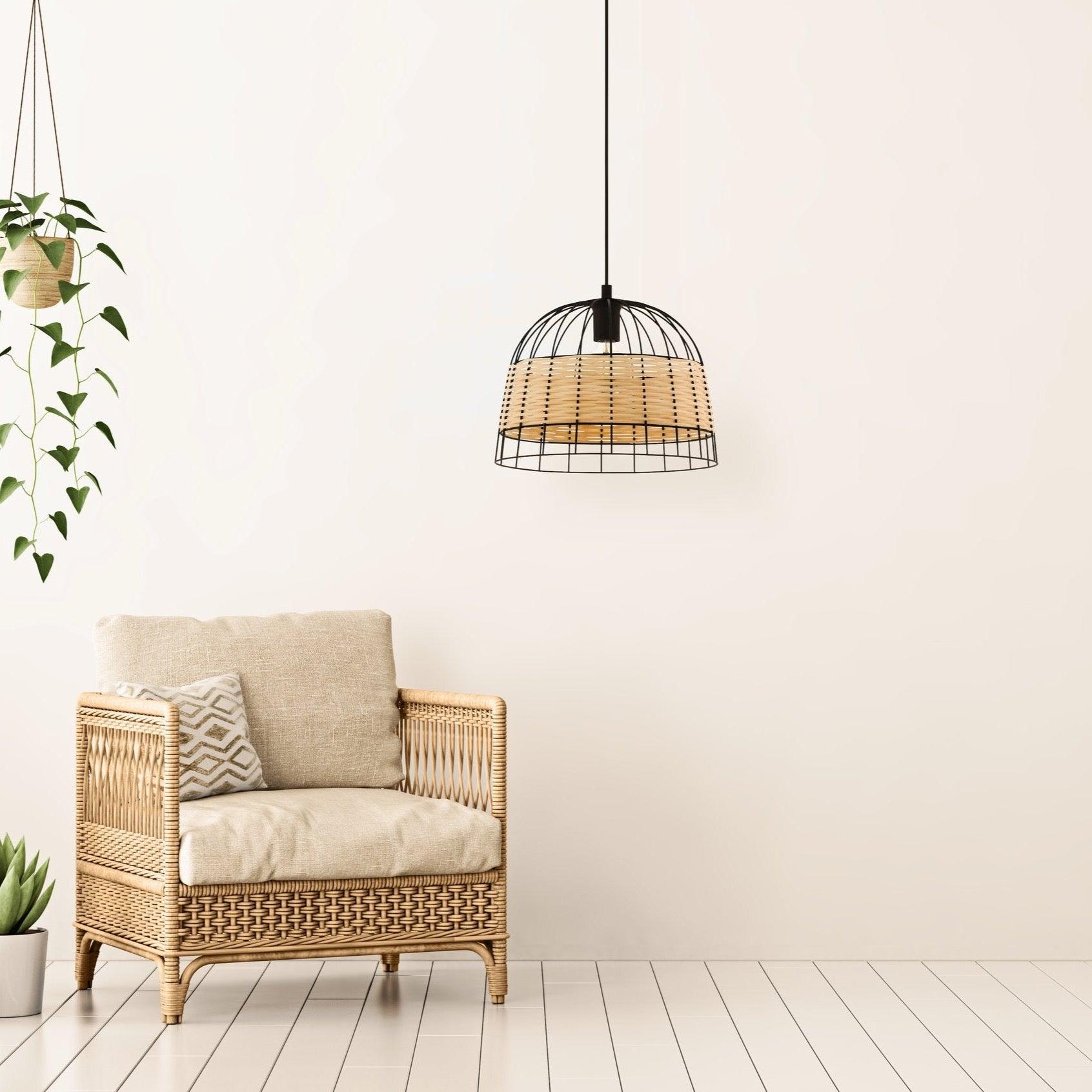 eglo anwick black metal frame woven rattan ceiling pendant living room image