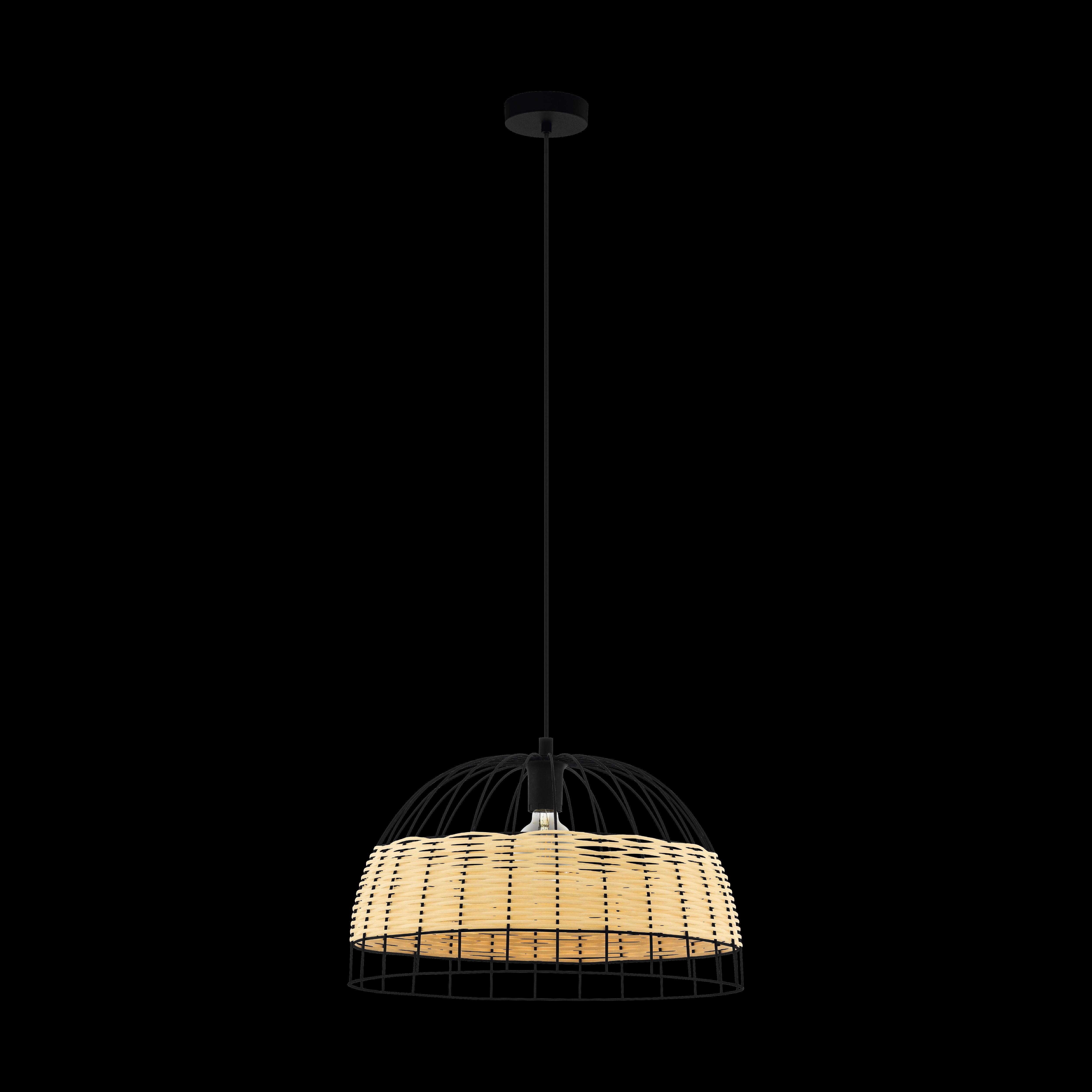 eglo anwick black metal frame rattan ceiling pendant 50cm living room close up
