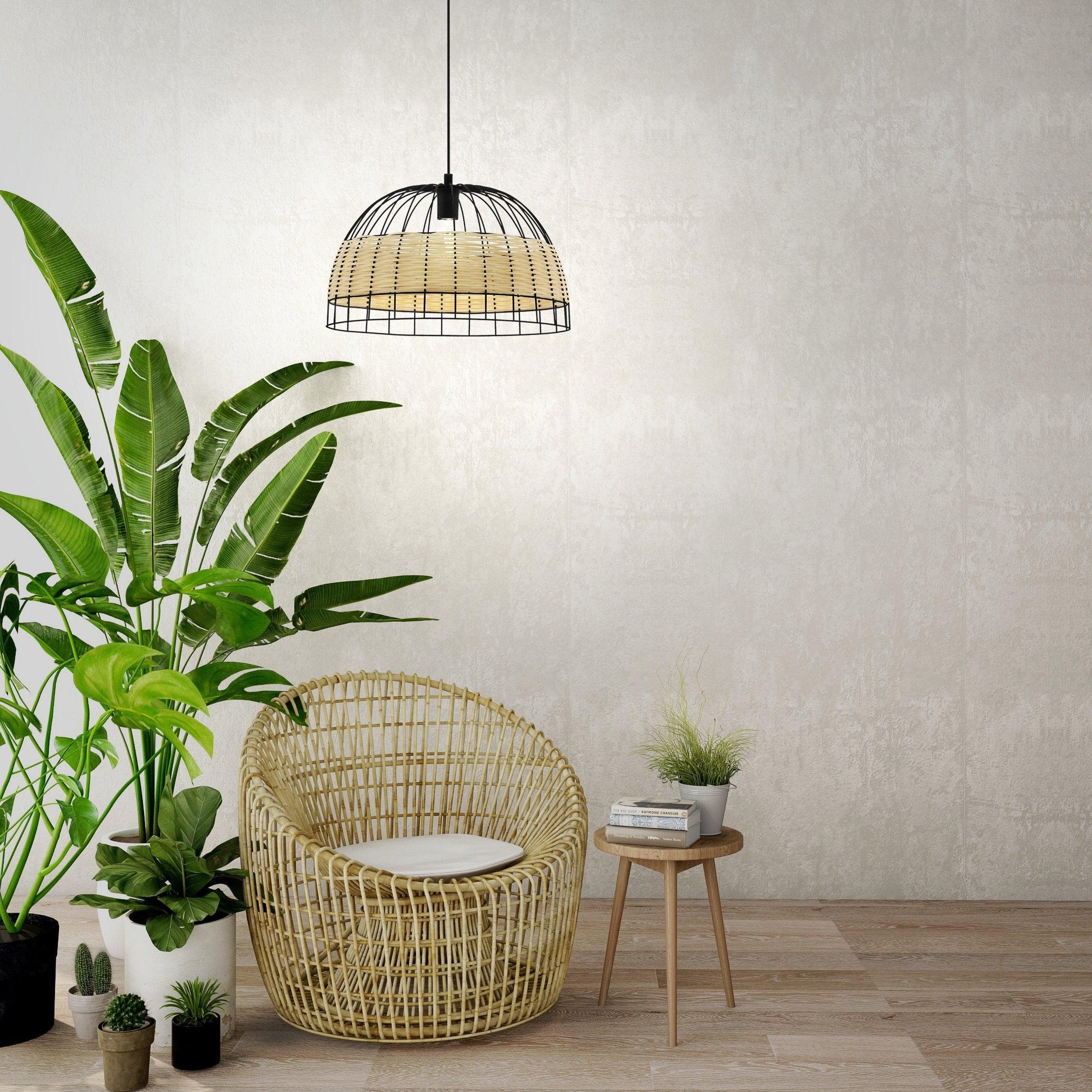 eglo anwick black metal frame rattan ceiling pendant 50cm living room image