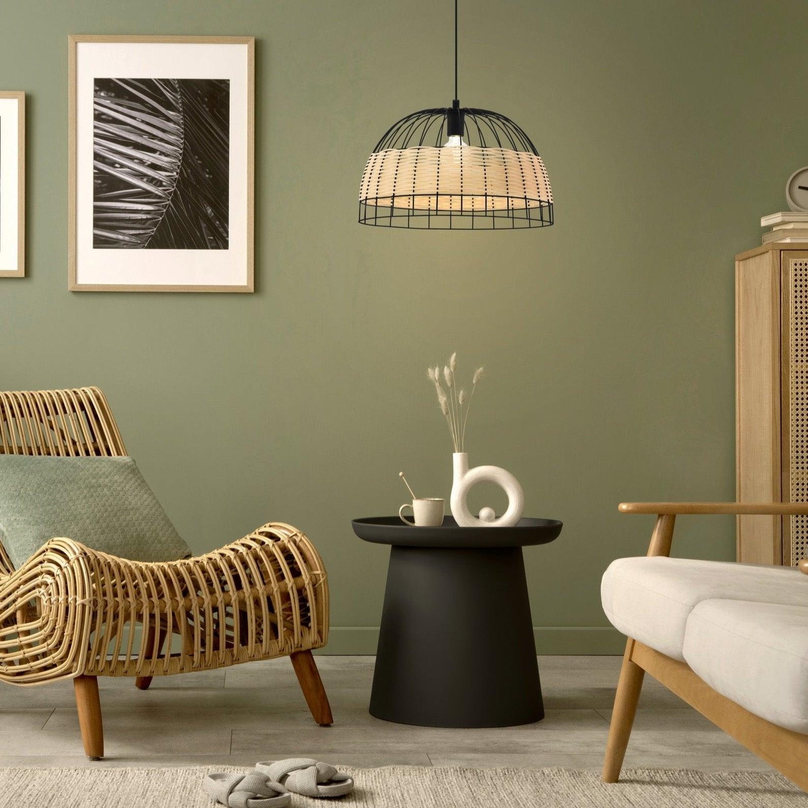 eglo anwick black metal frame rattan ceiling pendant 50cm