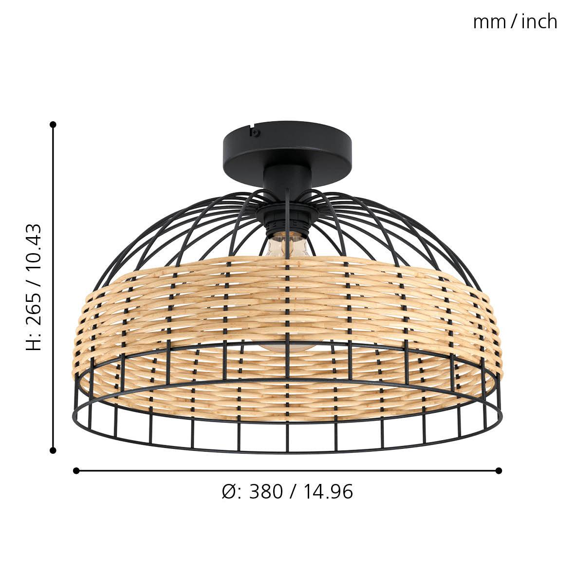 eglo anwick flush rattan black metal ceiling light living room close up