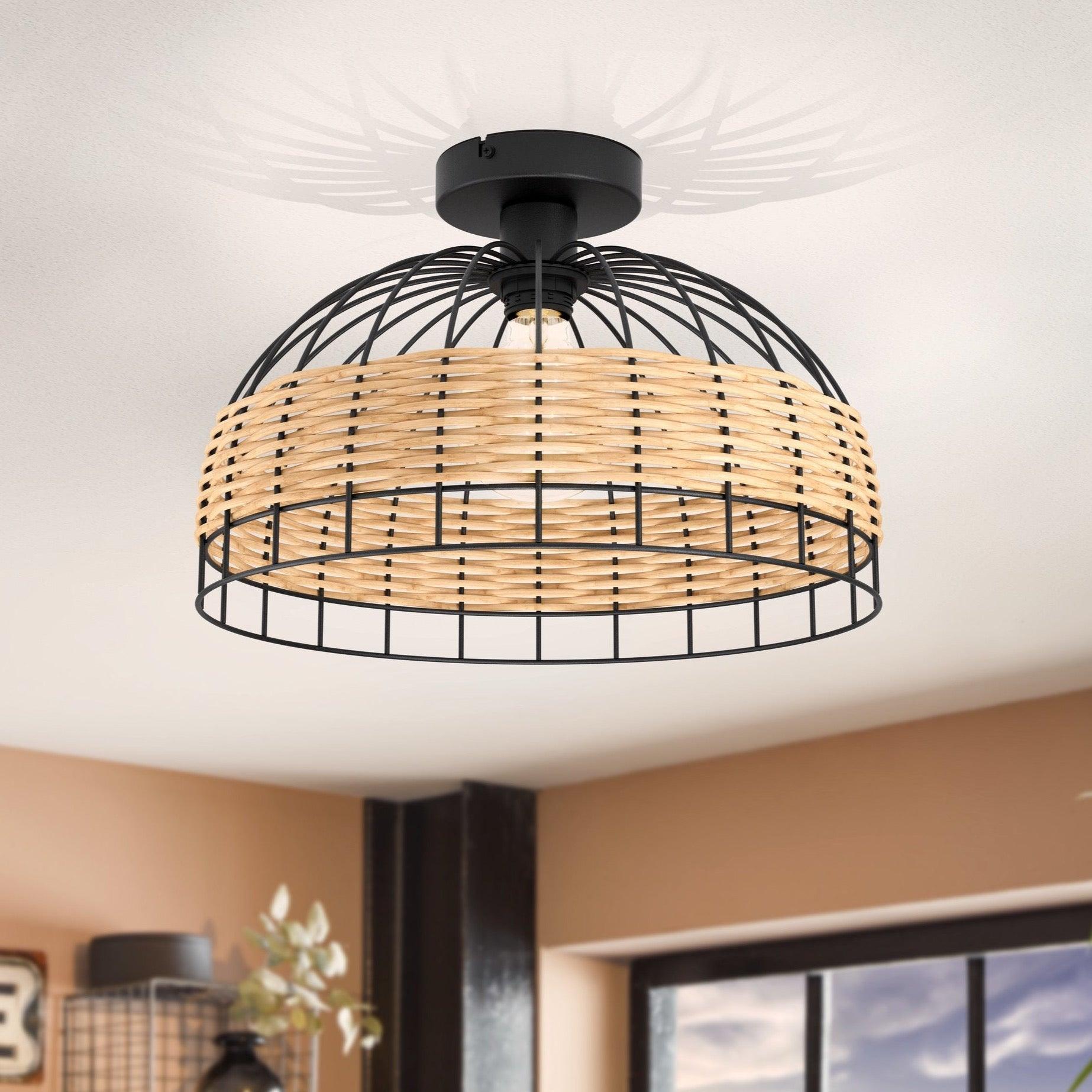 eglo anwick flush rattan black metal ceiling light