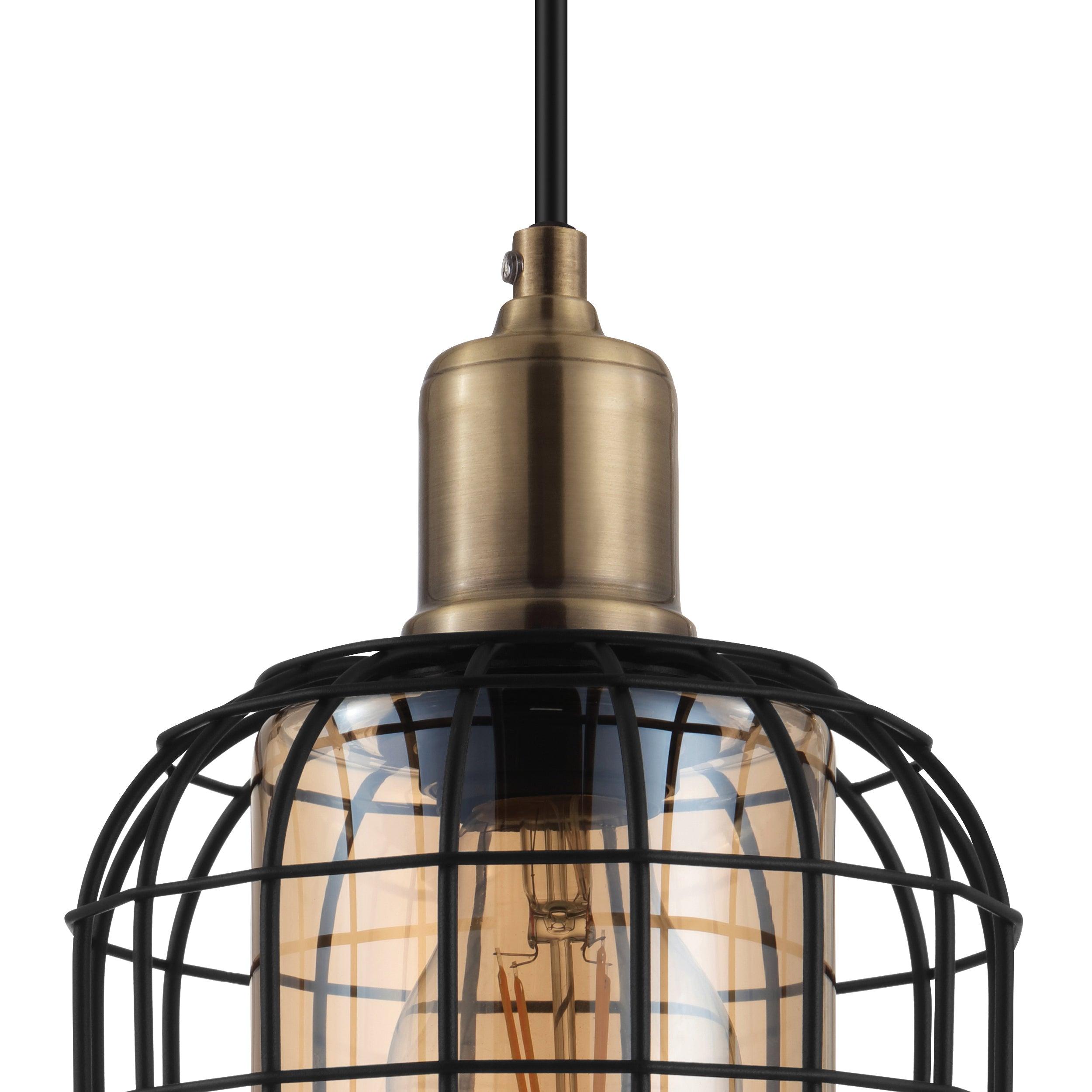 eglo chisle black wire amber glass shade ceiling pendant living room close up