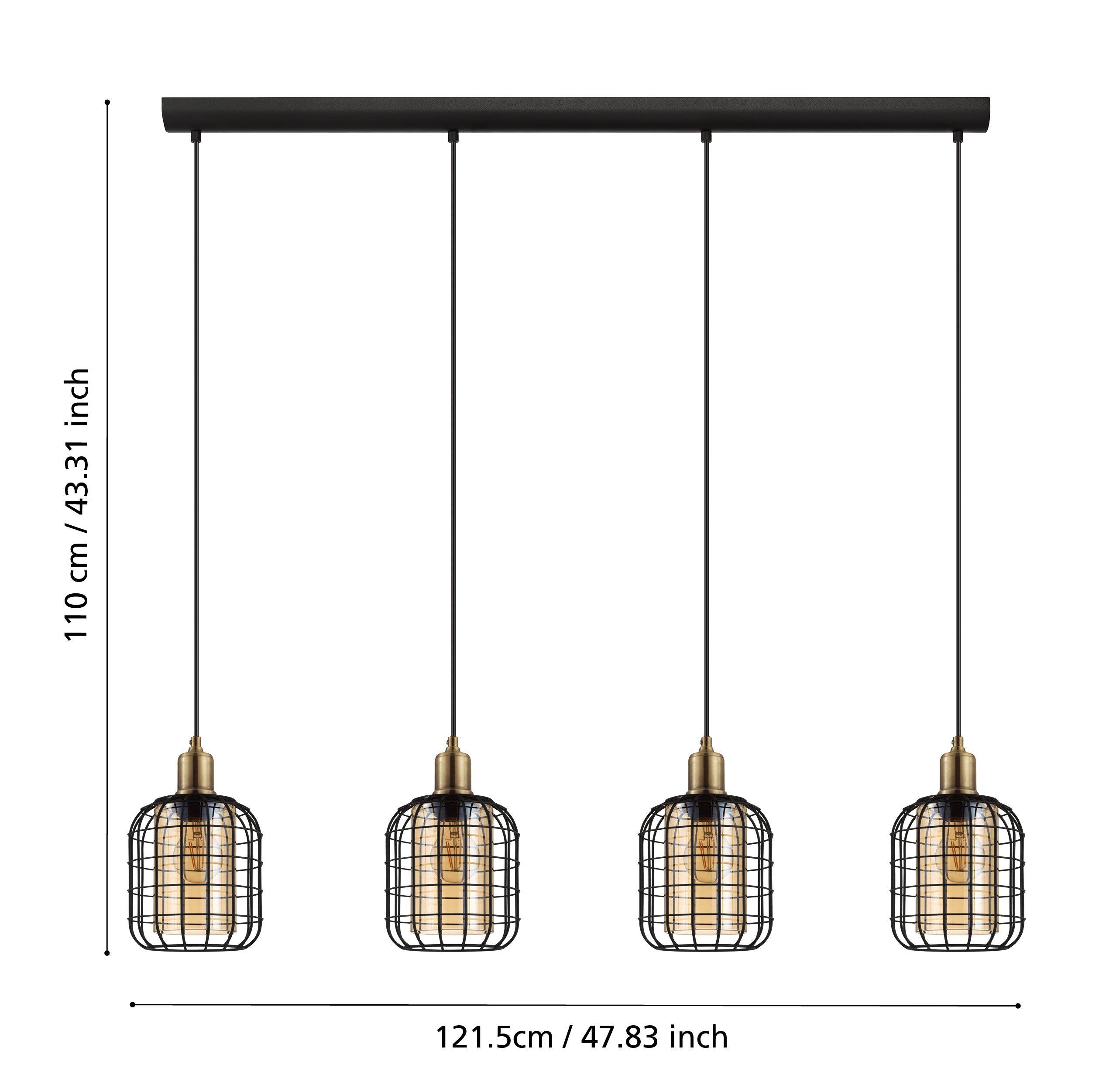 eglo chisle 4 light black wire amber glass shade pendant living room close up