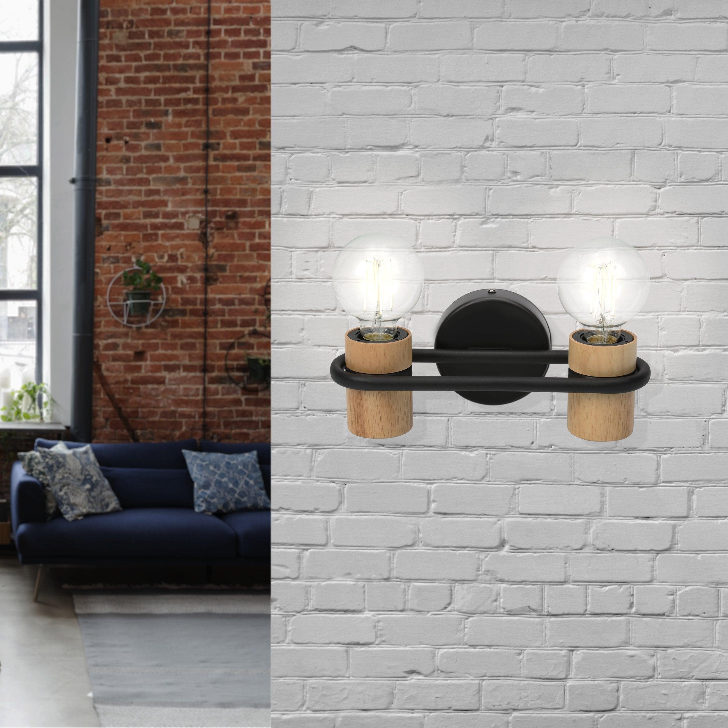 eglo chieveley 2 light black light wood wall light living room image