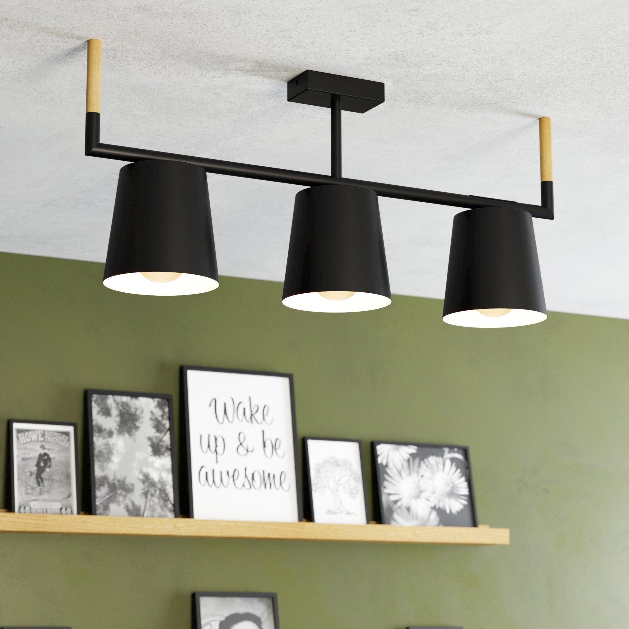 eglo lacey semi flush black steel wooden 3 light