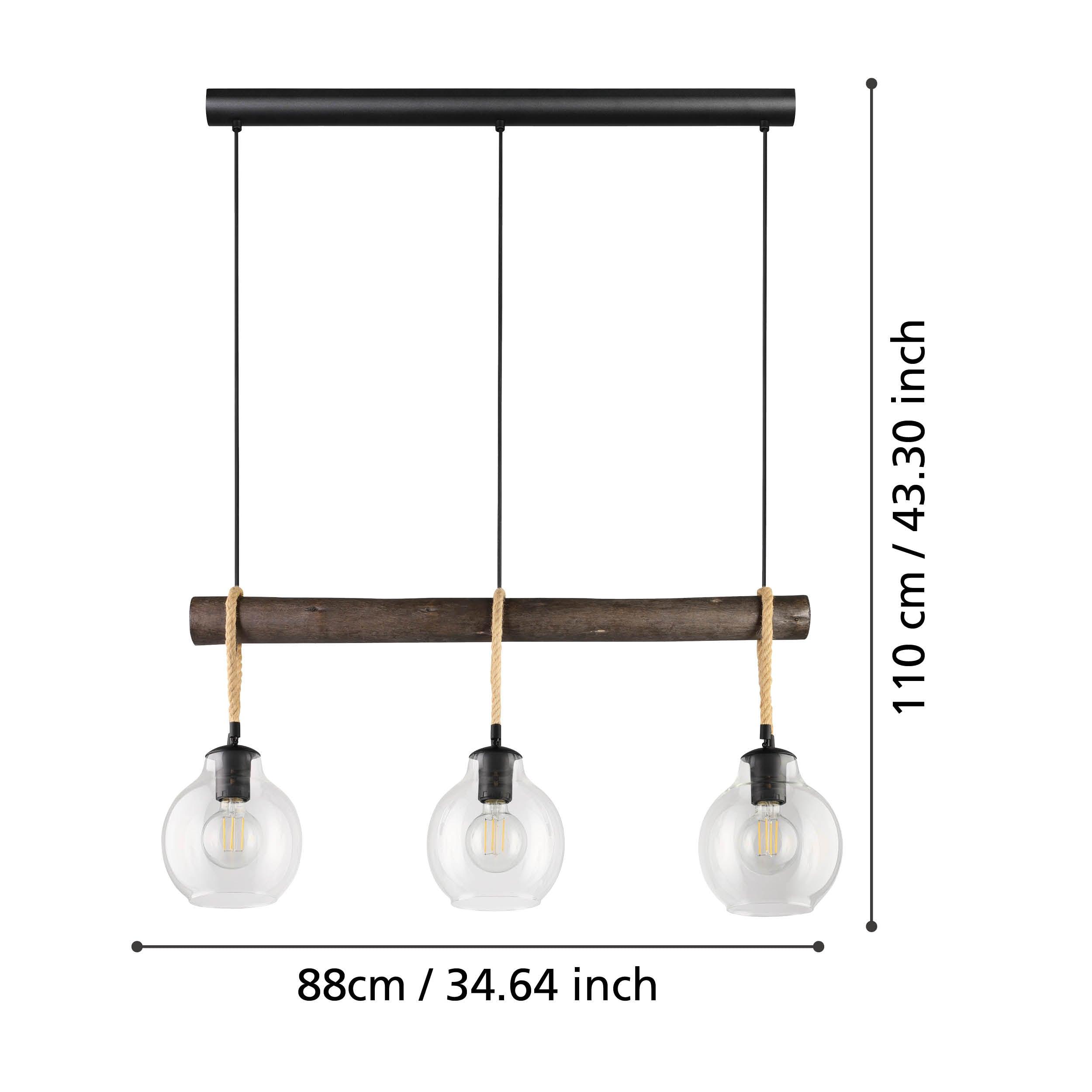 eglo roding rope glass shaded 3 light black ceiling pendant living room close up