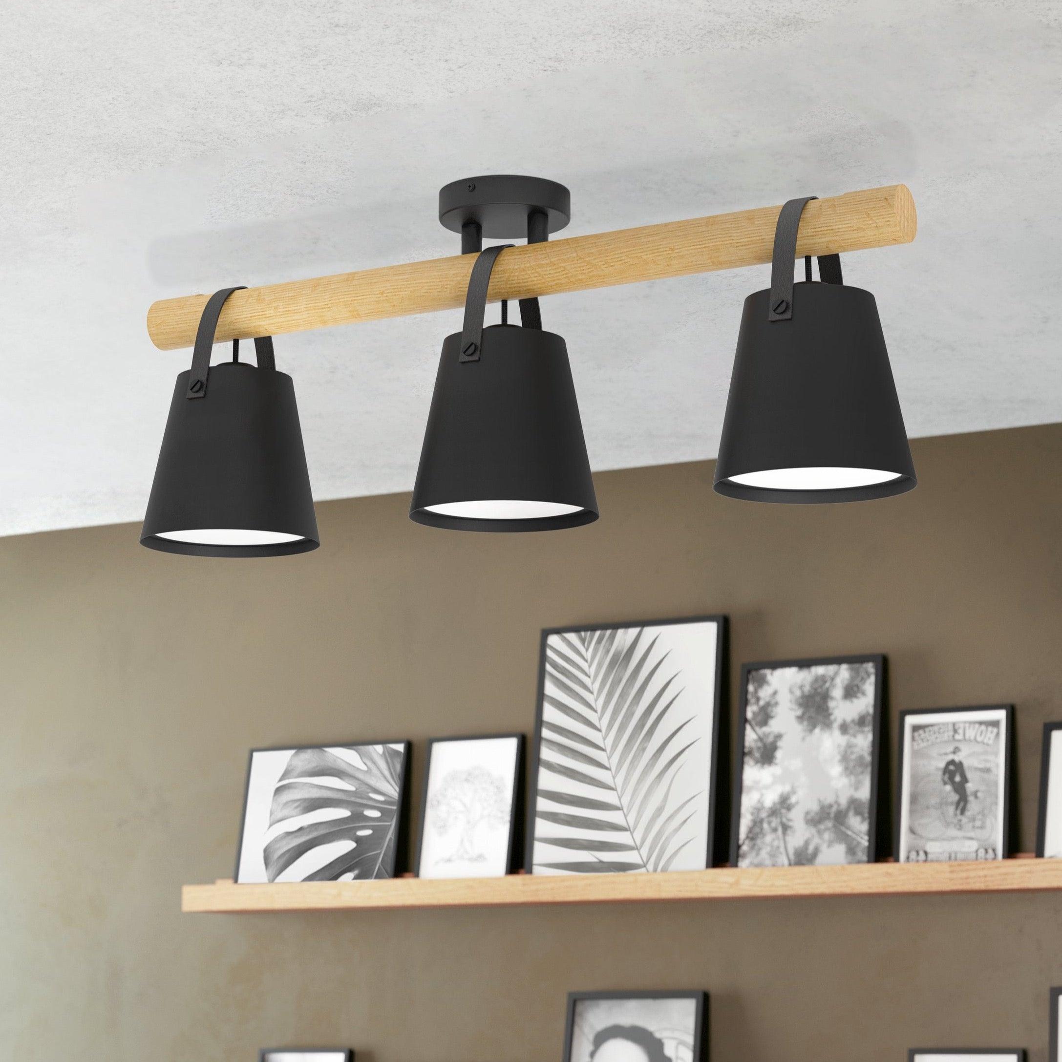 eglo boyle black wood 3 light flush ceiling light living room image