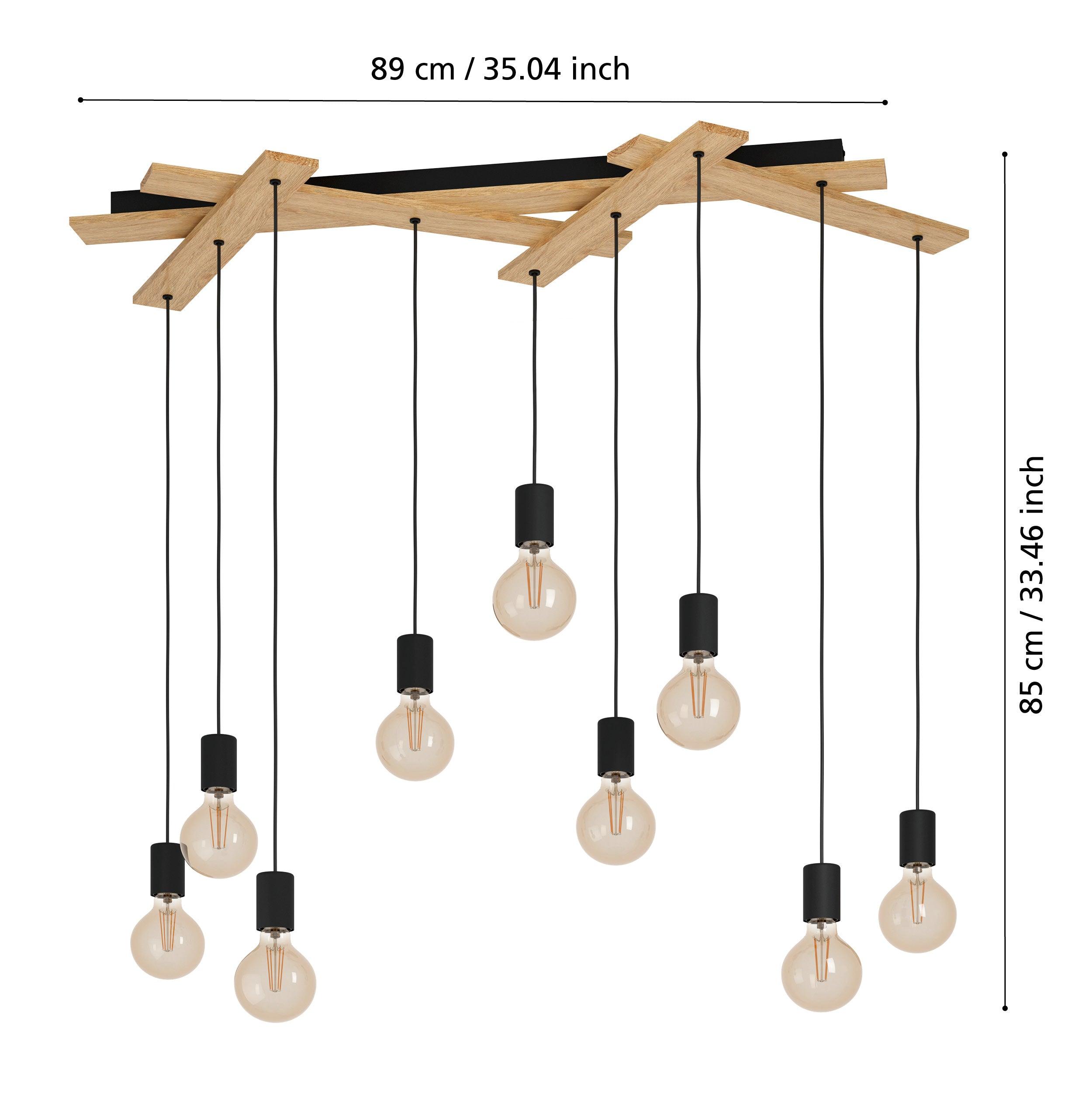 eglo monmount 9 light wood black ceiling pendant living room close up