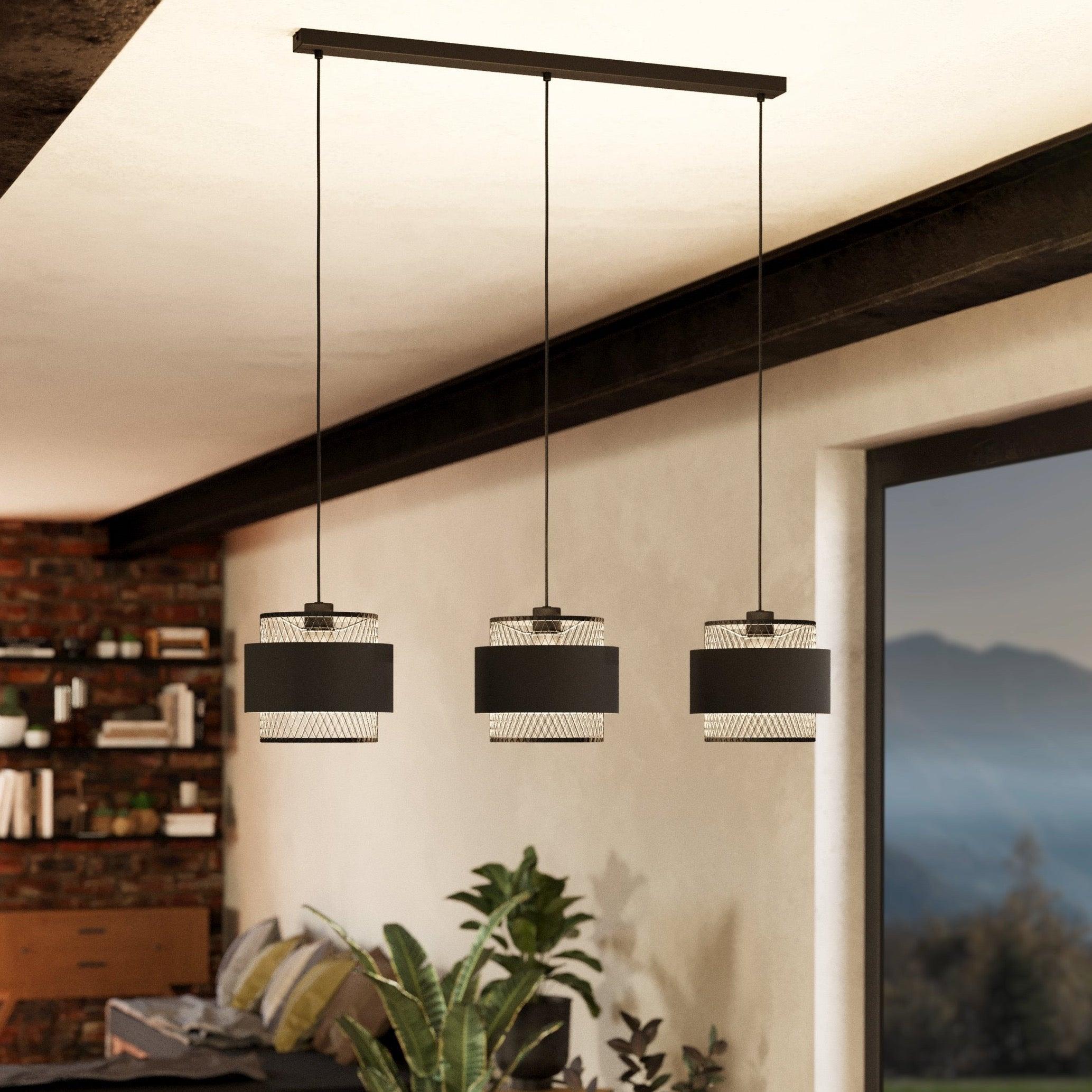 eglo bazely 3 light round black mesh wire ceiling pendant living room image
