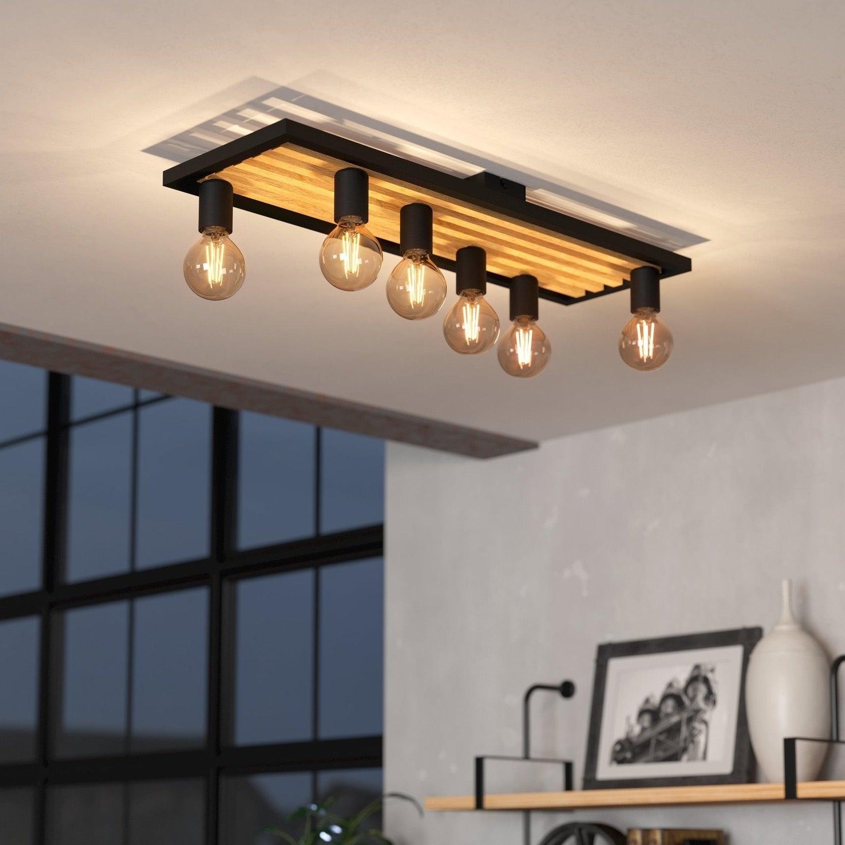 eglo consett flush 6 light black wooden ceiling light