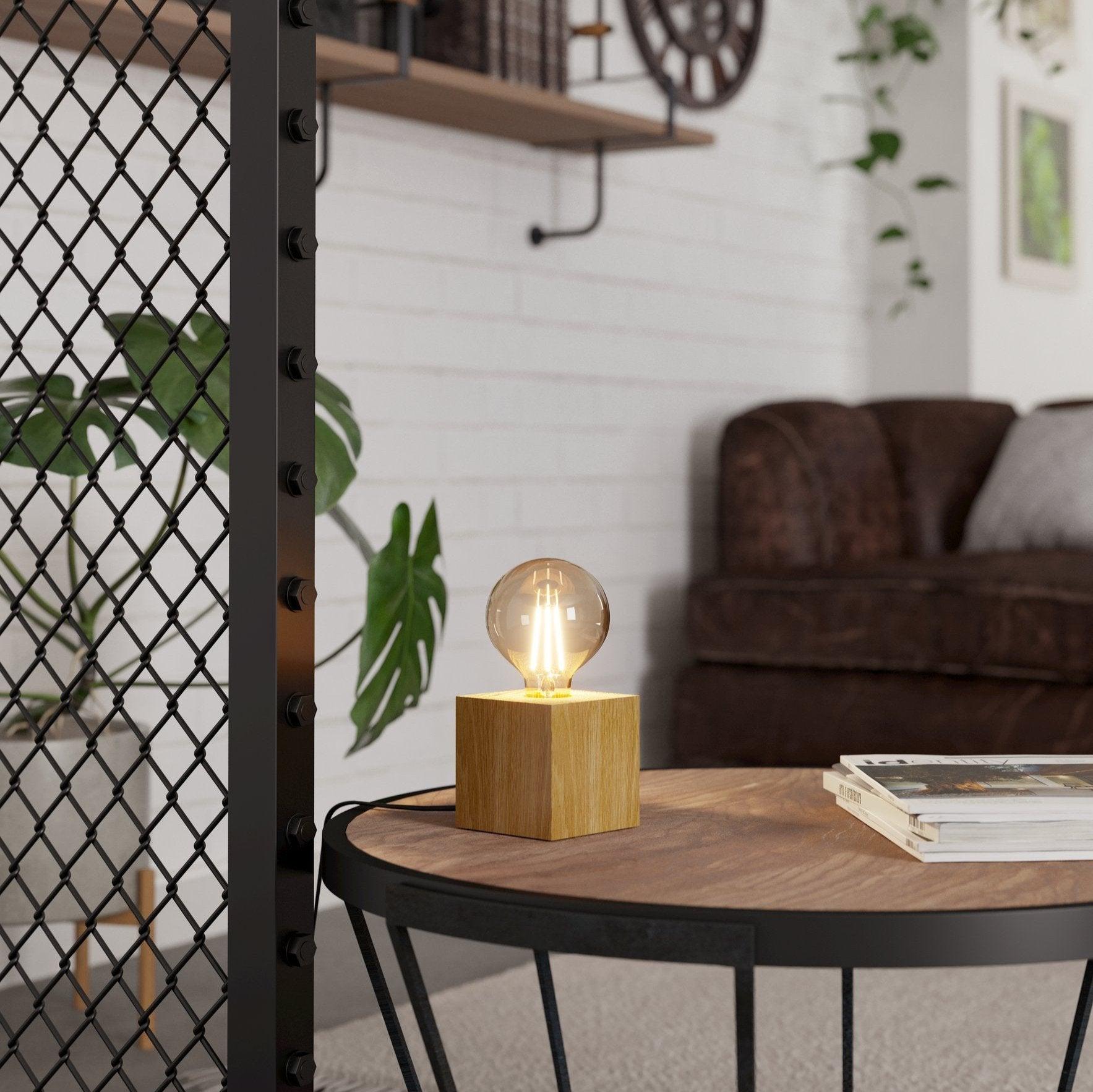 eglo prestwick 2 rubberwood cube table lamp living room close up