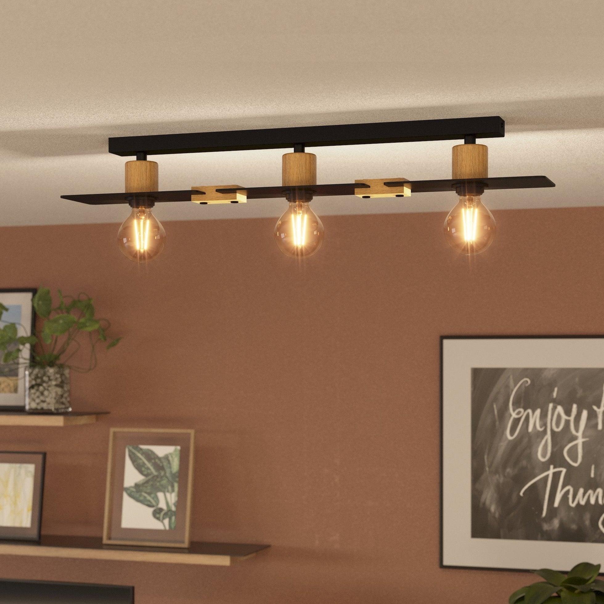 eglo bramerton flush 3 light wood black metal ceiling light