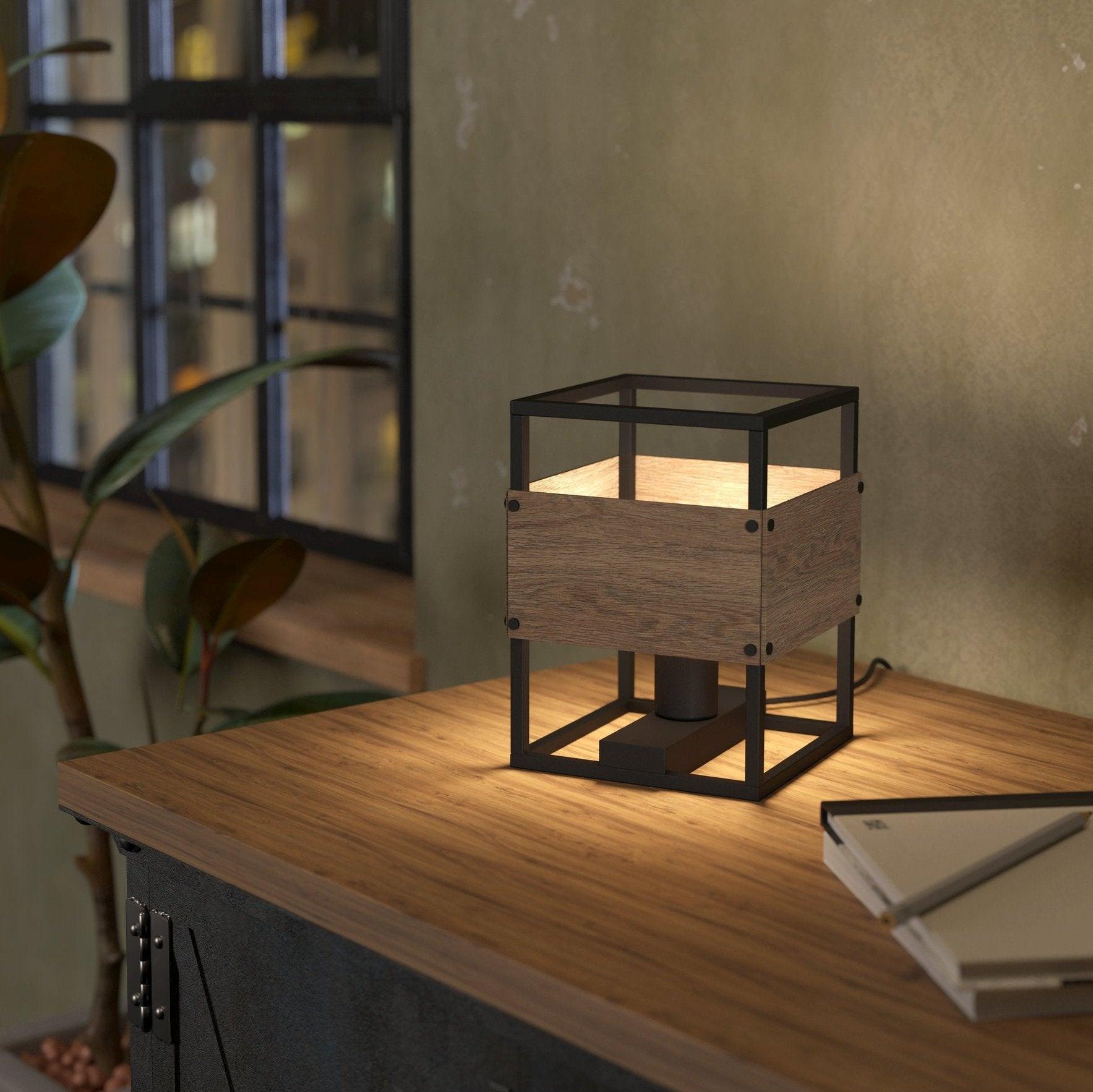 eglo evesham black metal brown wood table lamp