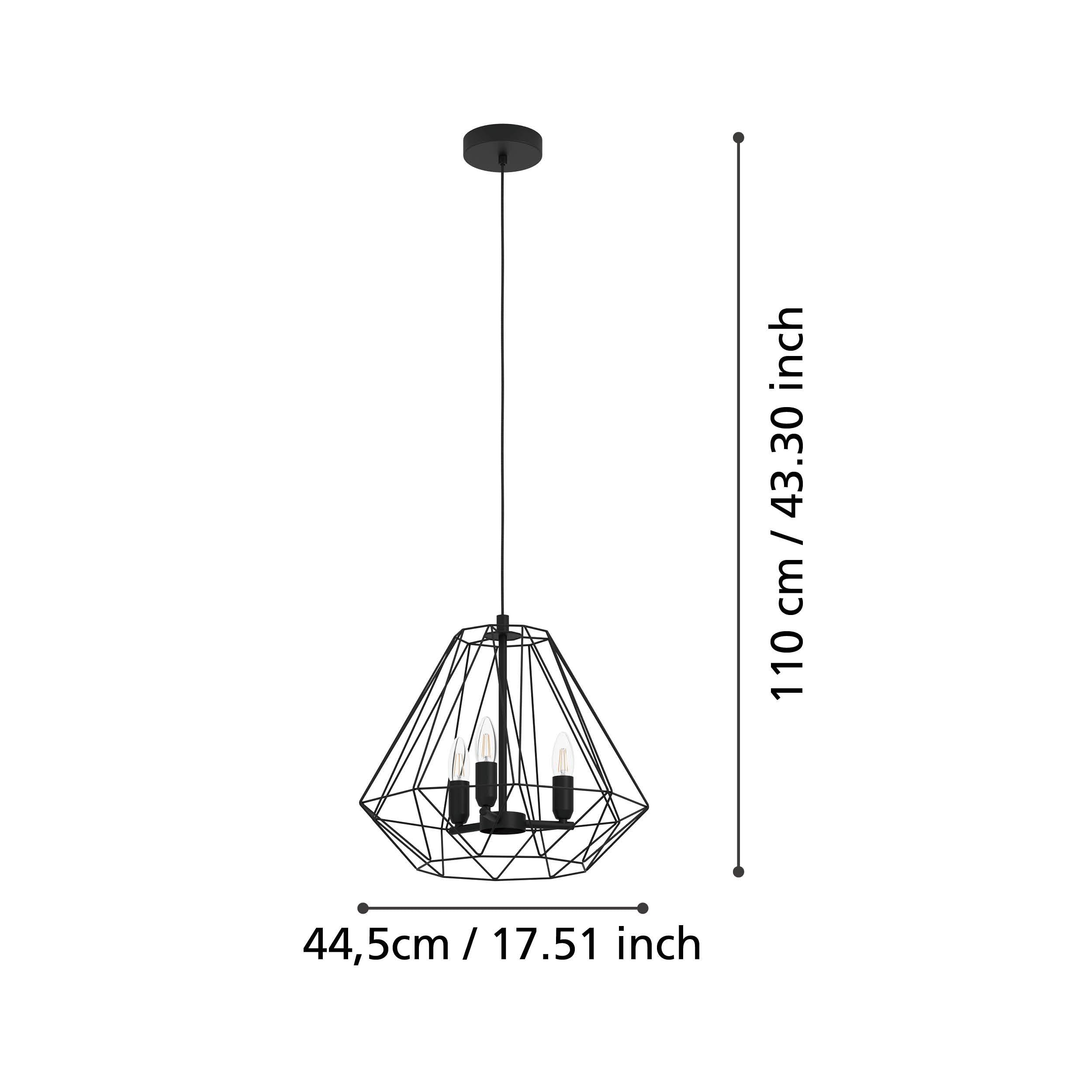 eglo tarle 3 light black wire cage ceiling pendant living room close up