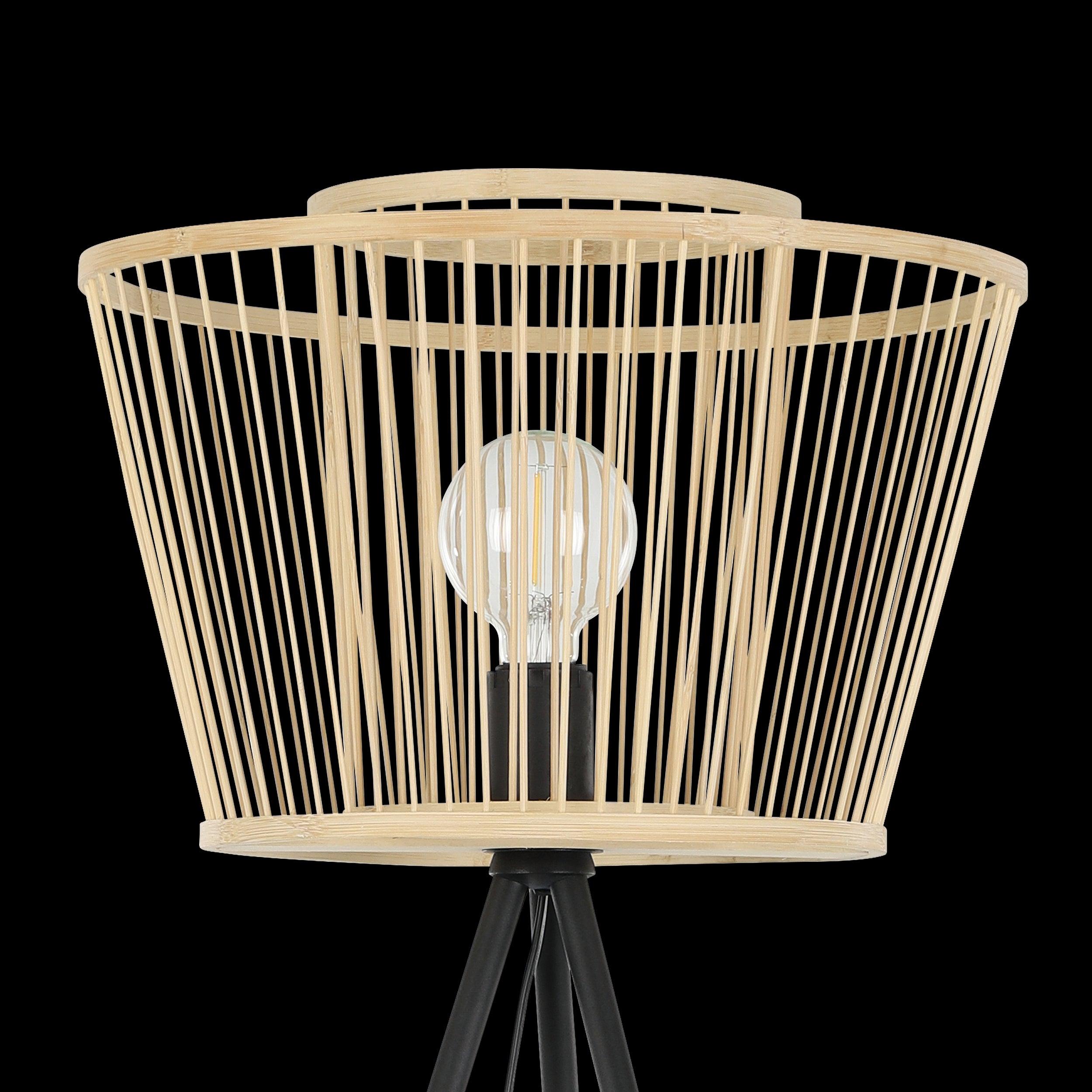 eglo hykeham black tripod floor lamp with bamboo shade living room close up