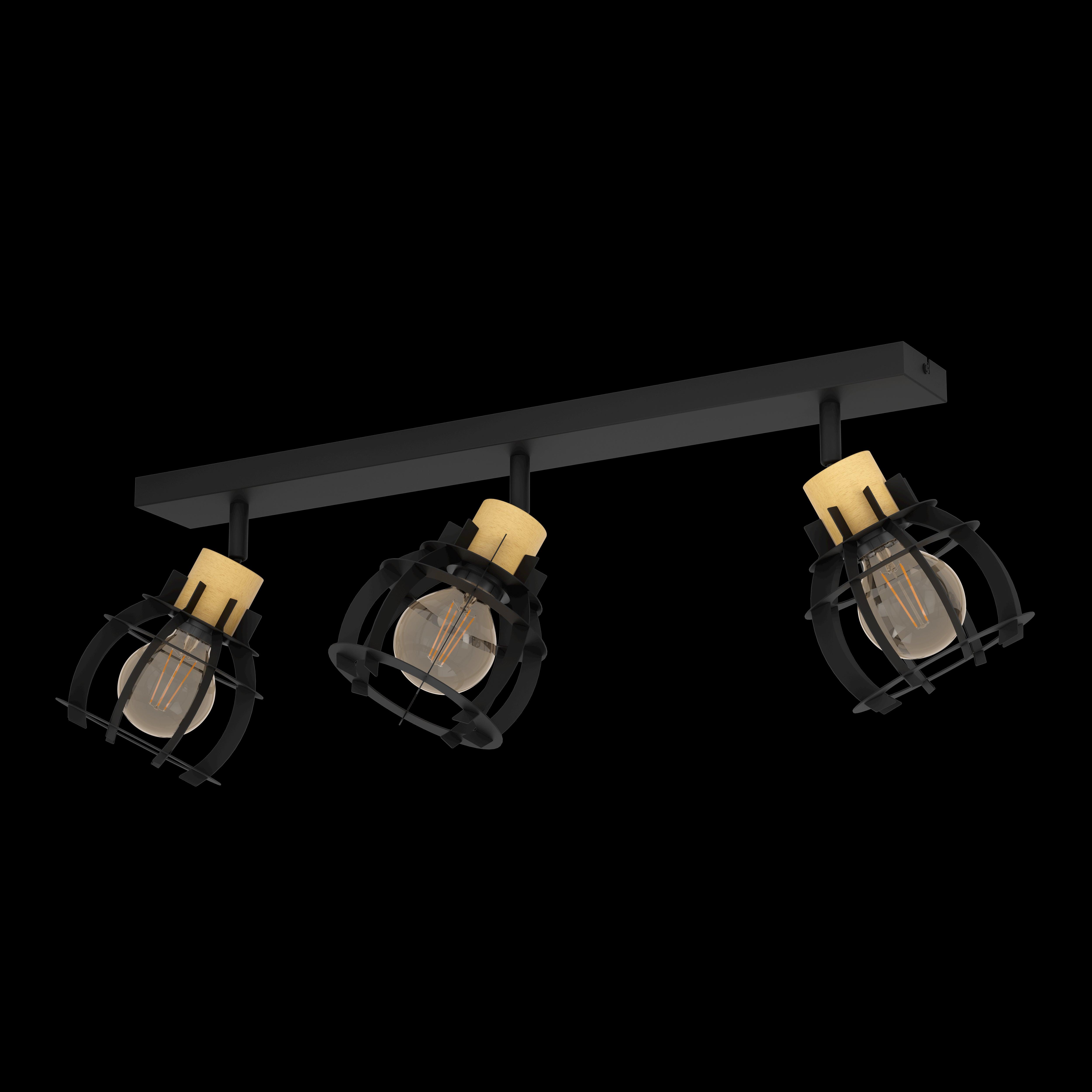 eglo stillington 1 wood black 3 light bar spotlight living room close up