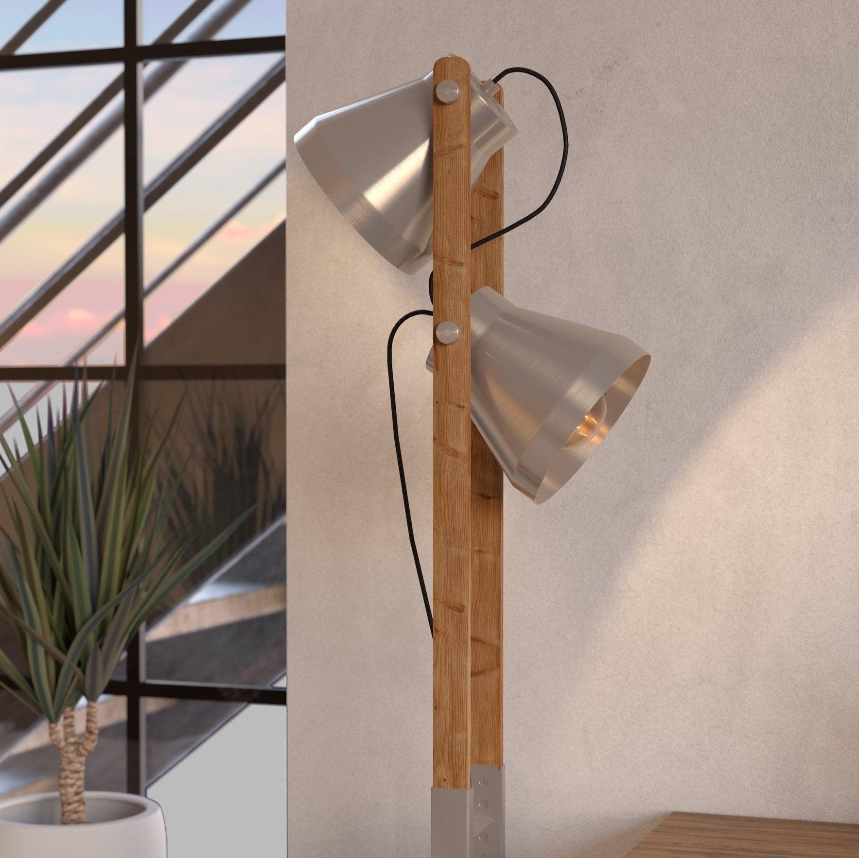 eglo cawton rustic wood steel 2 light floor lamp