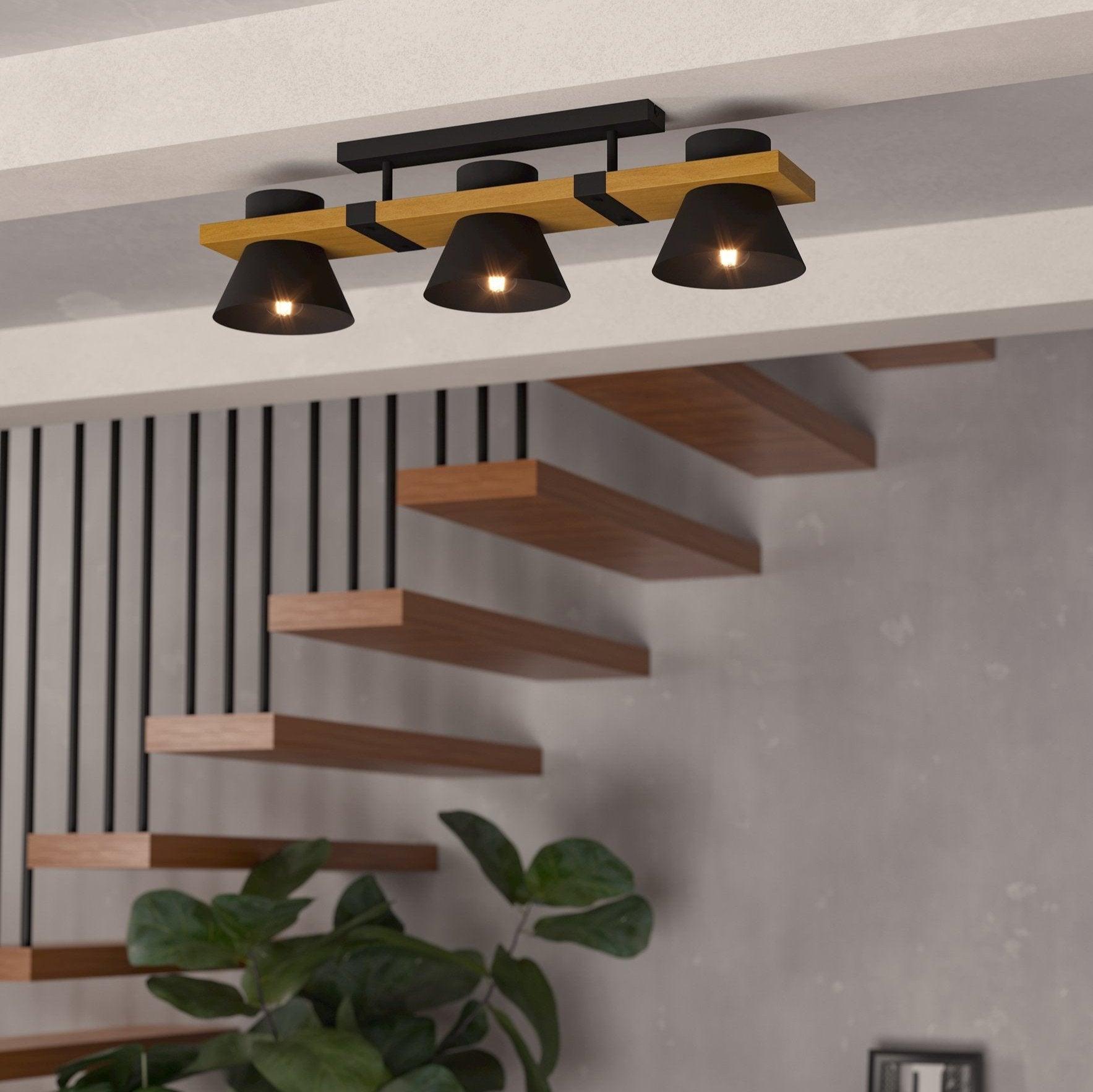 eglo maccles flush 3 light wood black metal ceiling light