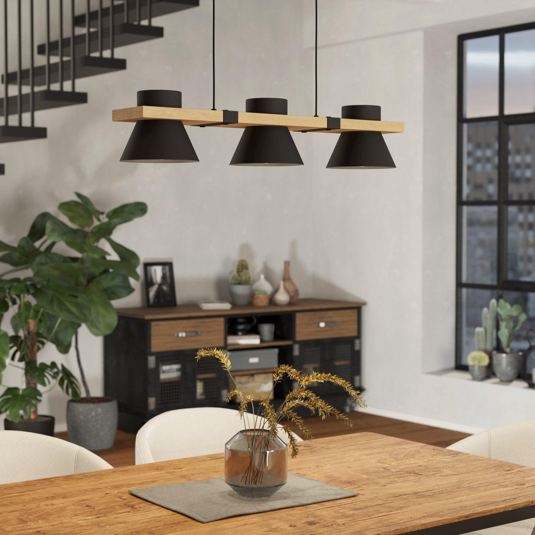 eglo maccles 3 light black and wooden plate ceiling pendant