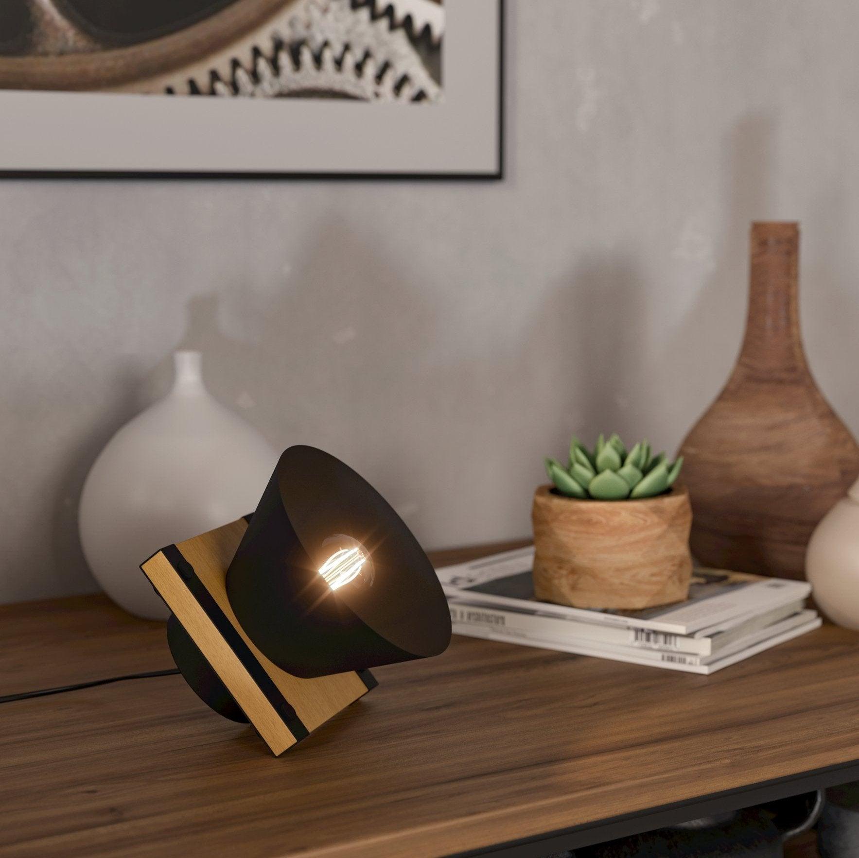 eglo maccles black metal wooden plate table lamp