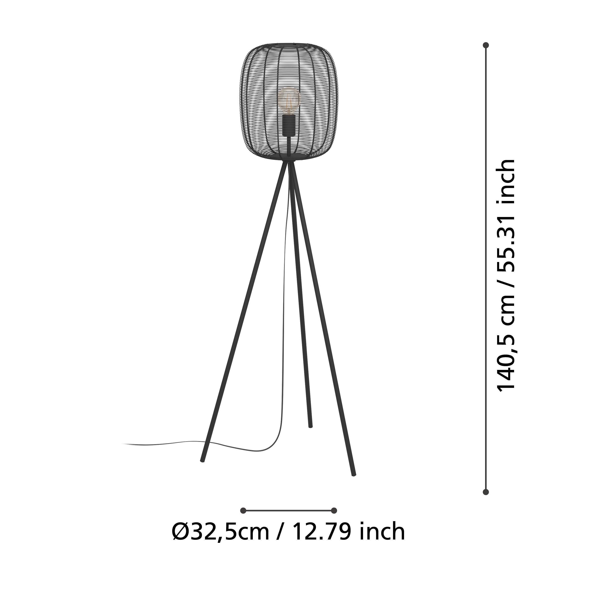 eglo rinroe black tripod floor lamp industrial caged shade living room close up