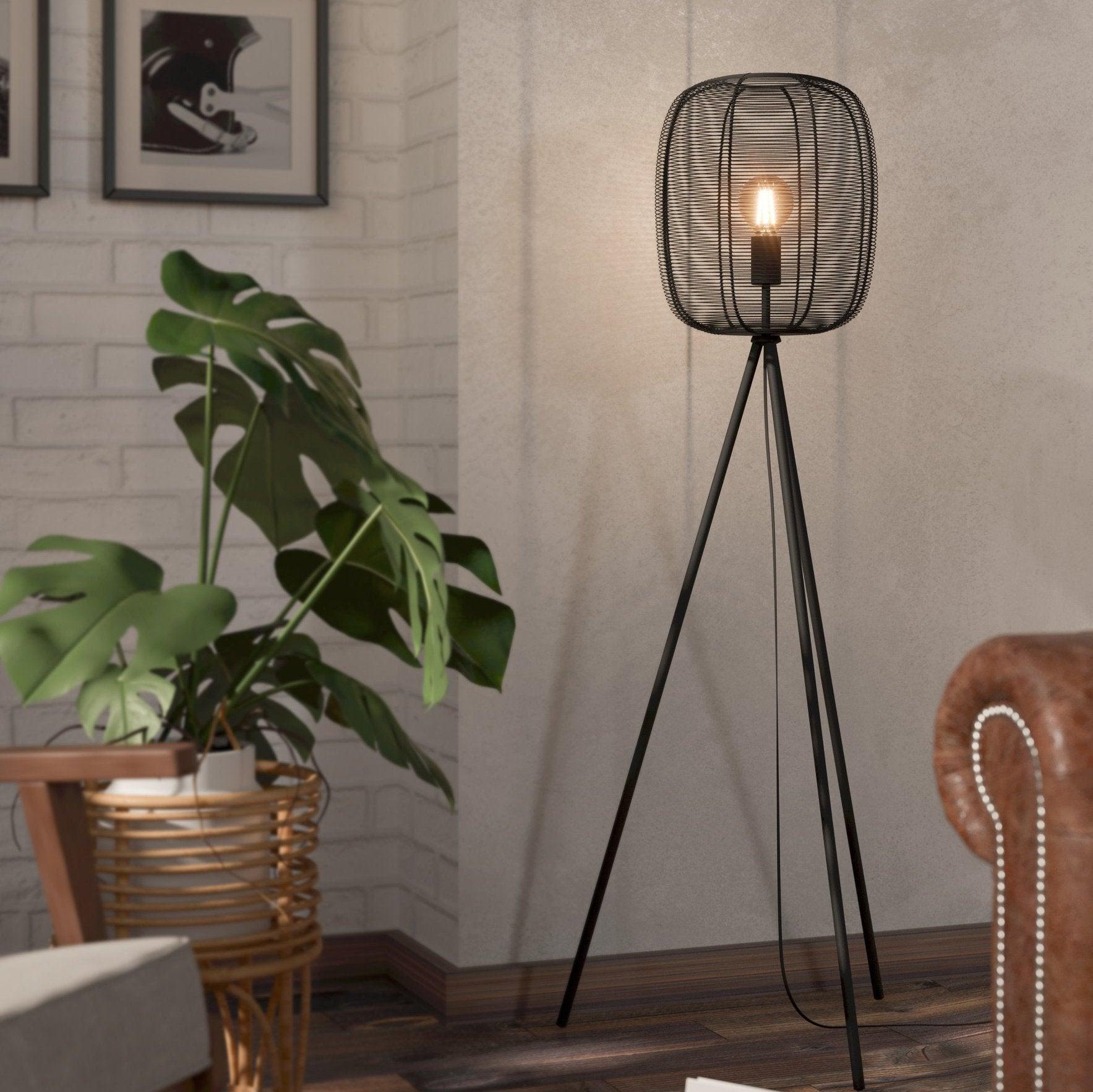 eglo rinroe black tripod floor lamp industrial caged shade