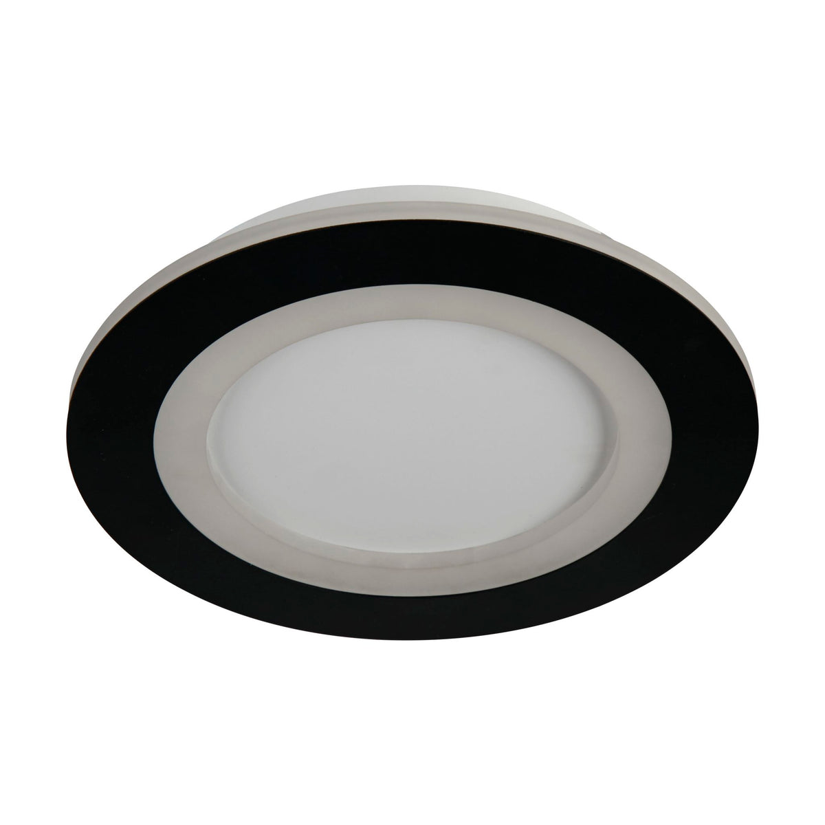 Ringo matt black round flush ceiling light unlit on a white studio background