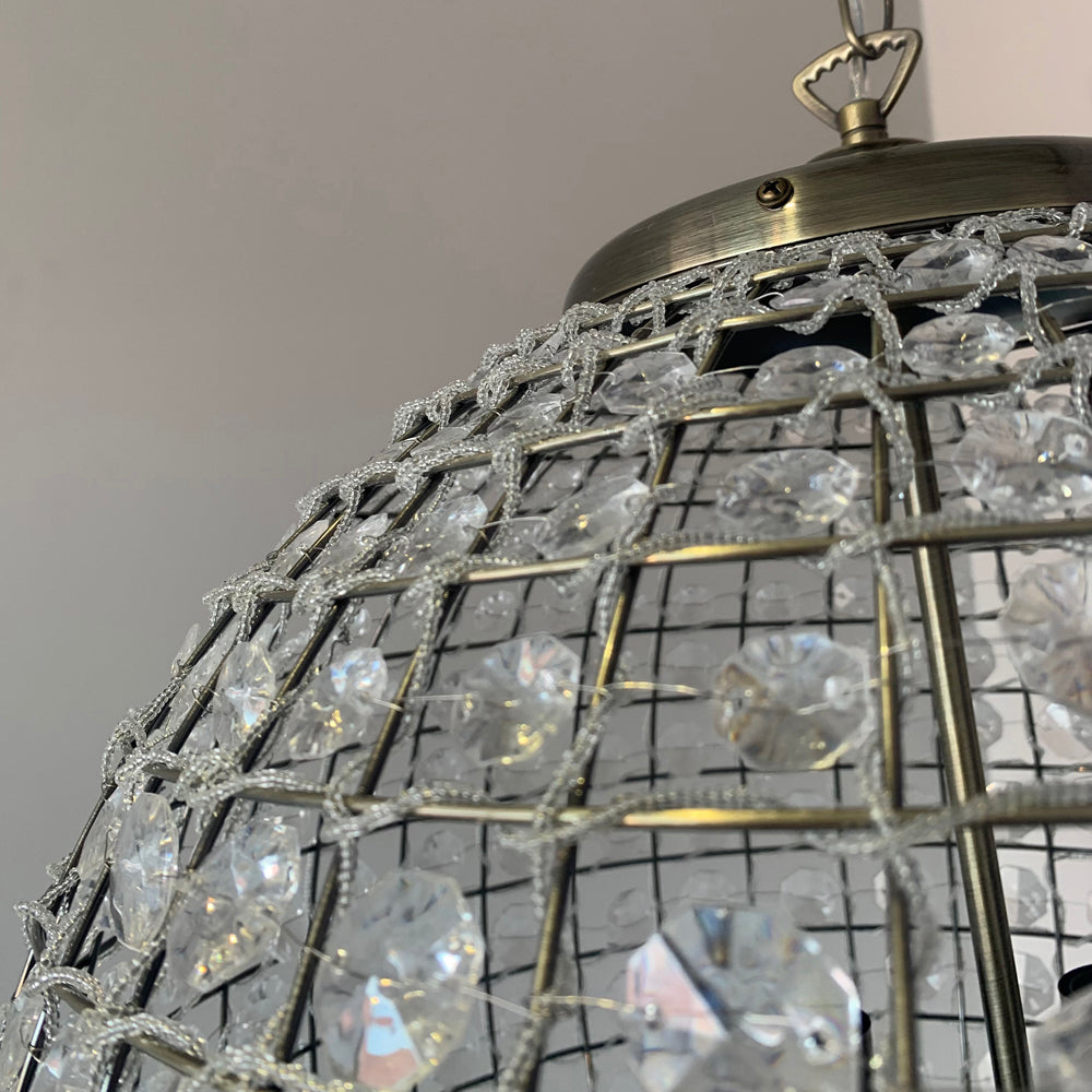 Ballon 3 Light Antique Brass & Crystal Globe Pendant - 45cm-OB-180926