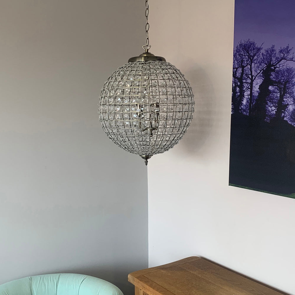Ballon 3 Light Antique Brass & Crystal Globe Pendant - 45cm-OB-180926