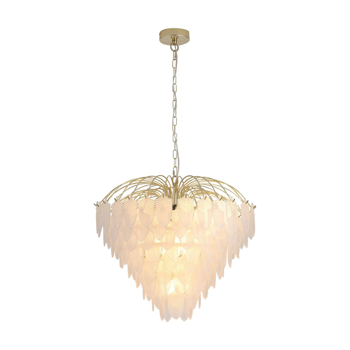 Feather 10-light chandelier in polished brass with tiered frosted glass leaf panels, illuminated
