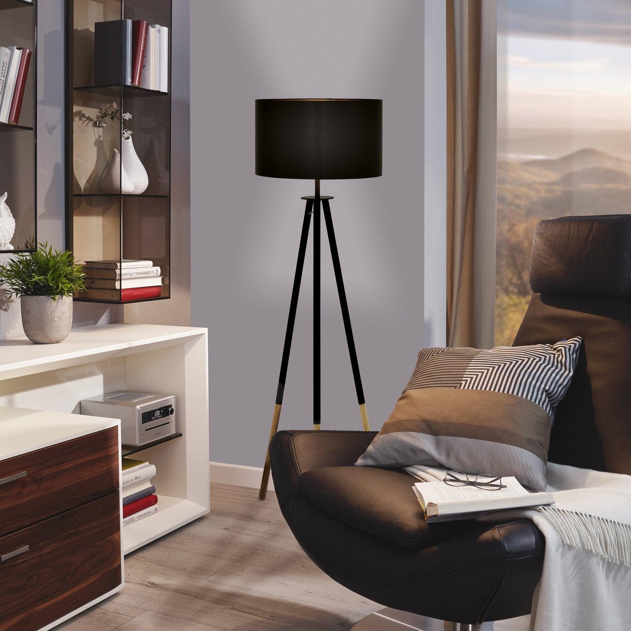 eglo bidford wood black tripod floor lamp brown fabric shade