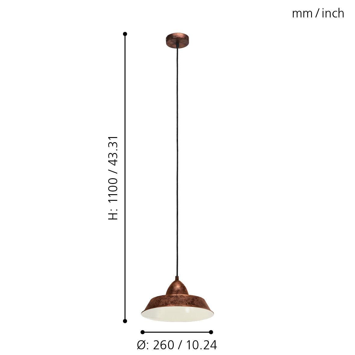 eglo auckland conical metal antique copper ceiling pendant living room close up