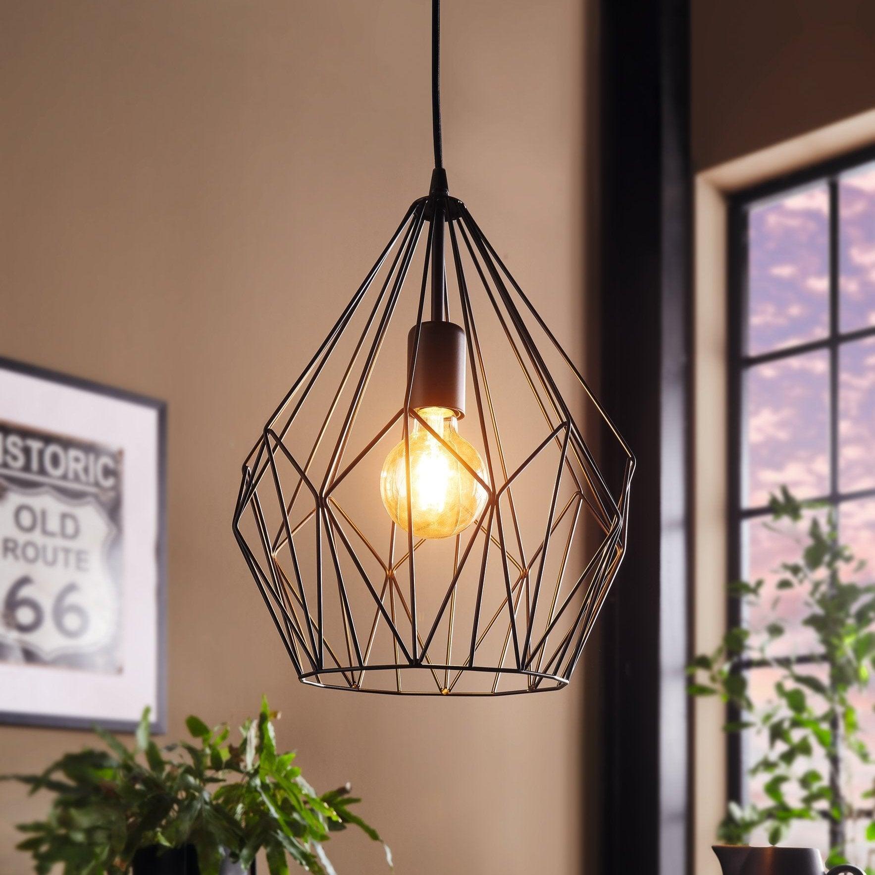 eglo carlton black diamond shaped wire caged ceiling pendant living room image