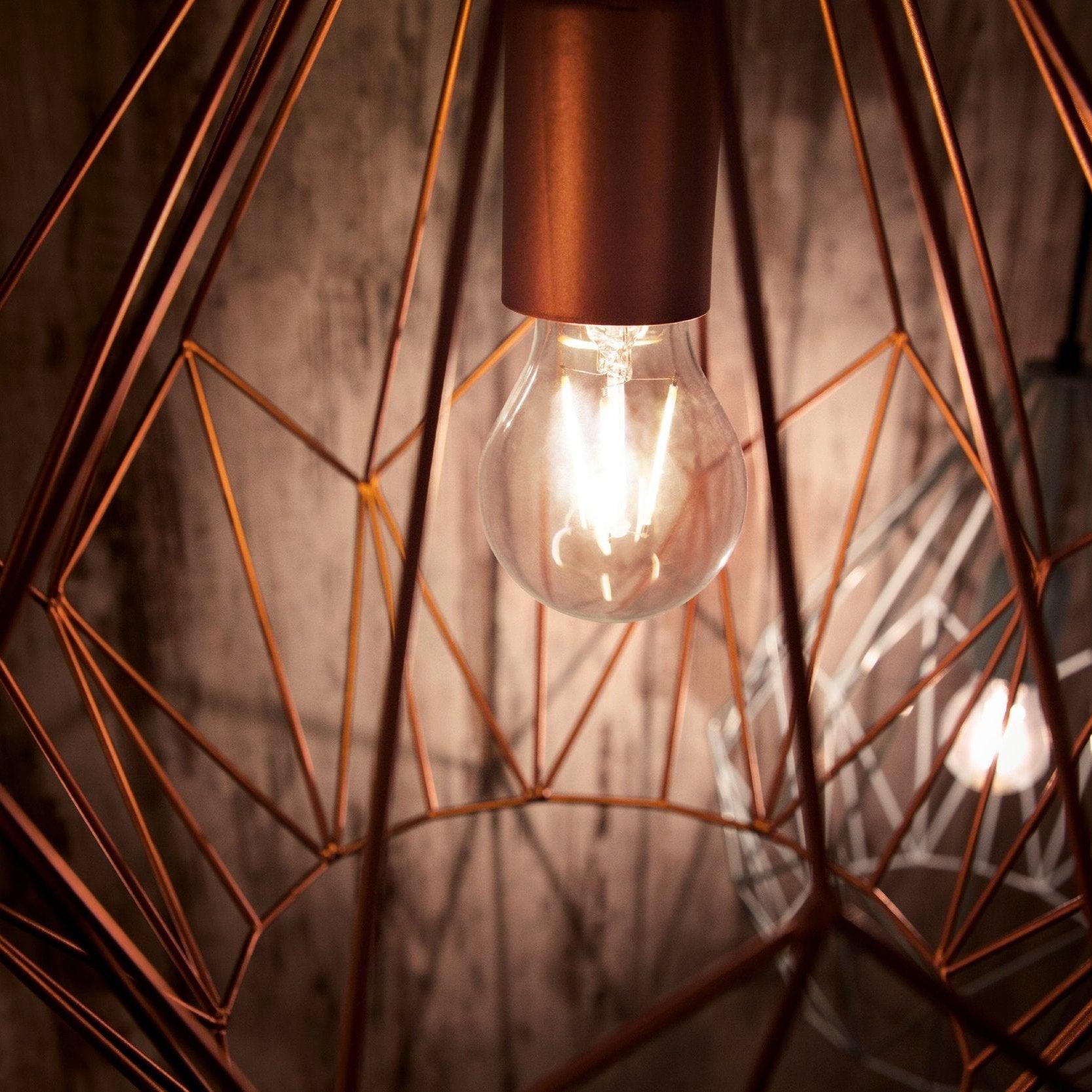 eglo carlton copper diamond shaped wire caged ceiling pendant living room close up
