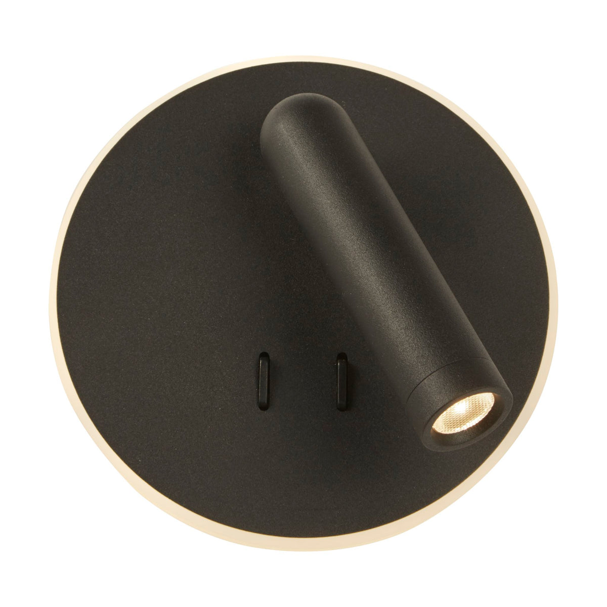 Cher sand black wall light lit, adjustable reading spot on a glowing round backplate