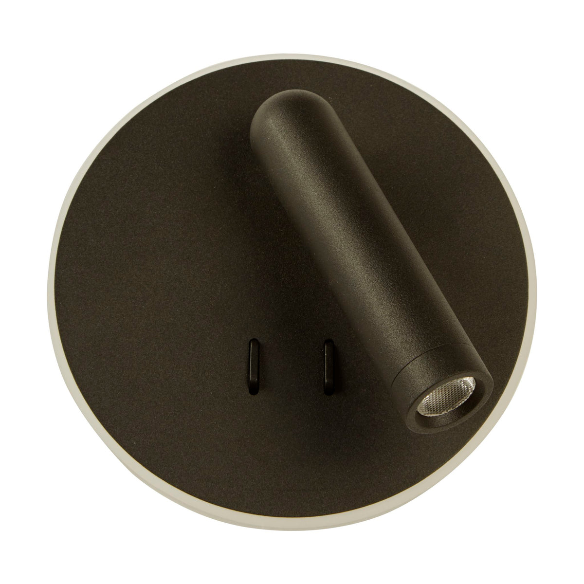 Cher sand black wall light unlit on white, round backplate with tubular reading spot