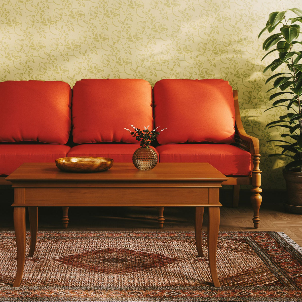 Retro living room with orange sofa, wooden table and patterned rug suited to the Cher wall light