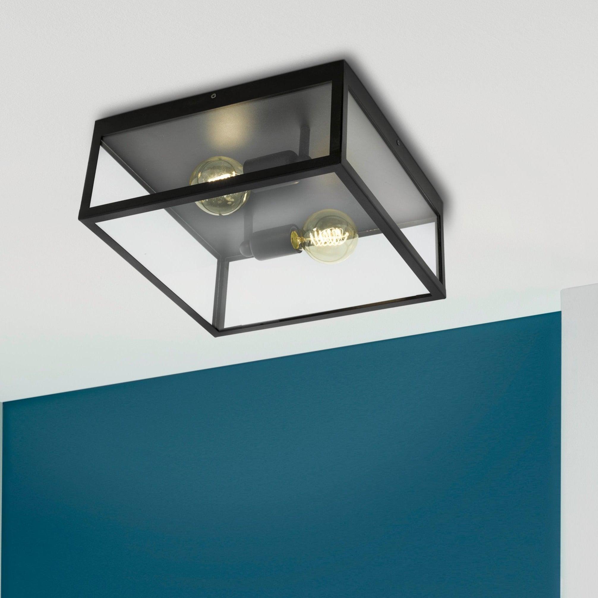 eglo charterhouse flush square glass 2 light black framed ceiling light