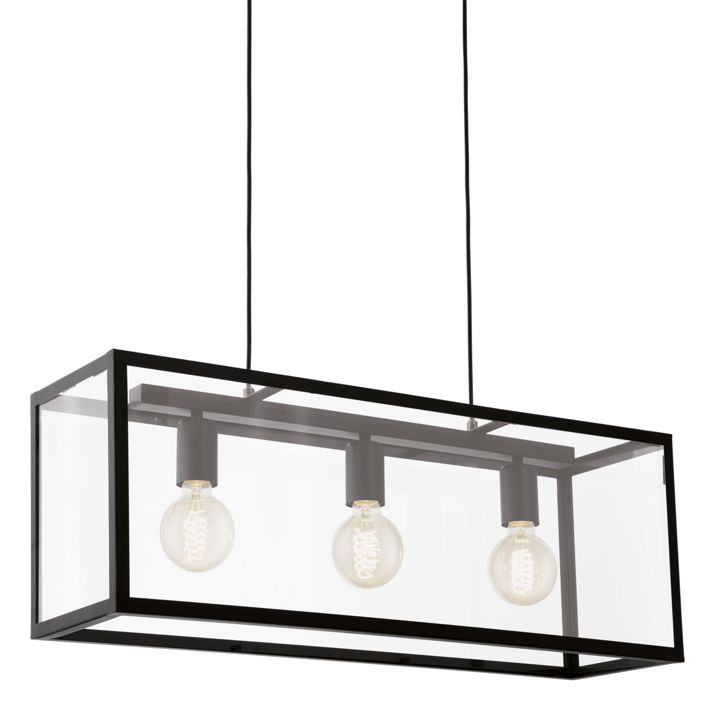 eglo charterhouse black metal framed glass panelled ceiling pendant living room close up