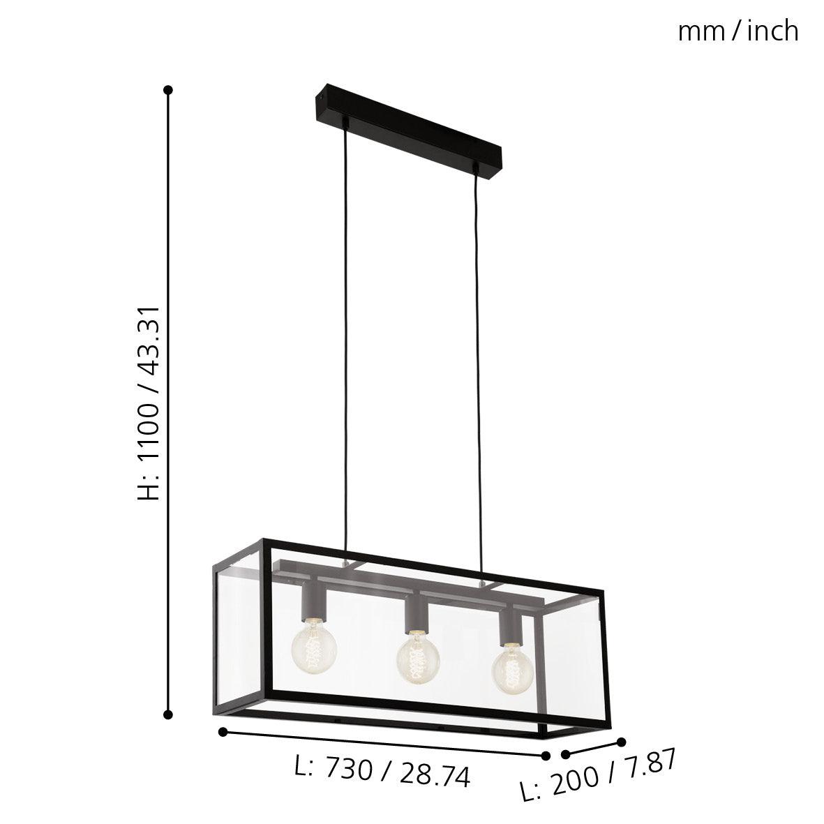 eglo charterhouse black metal framed glass panelled ceiling pendant Kitchen Lighting Close Up