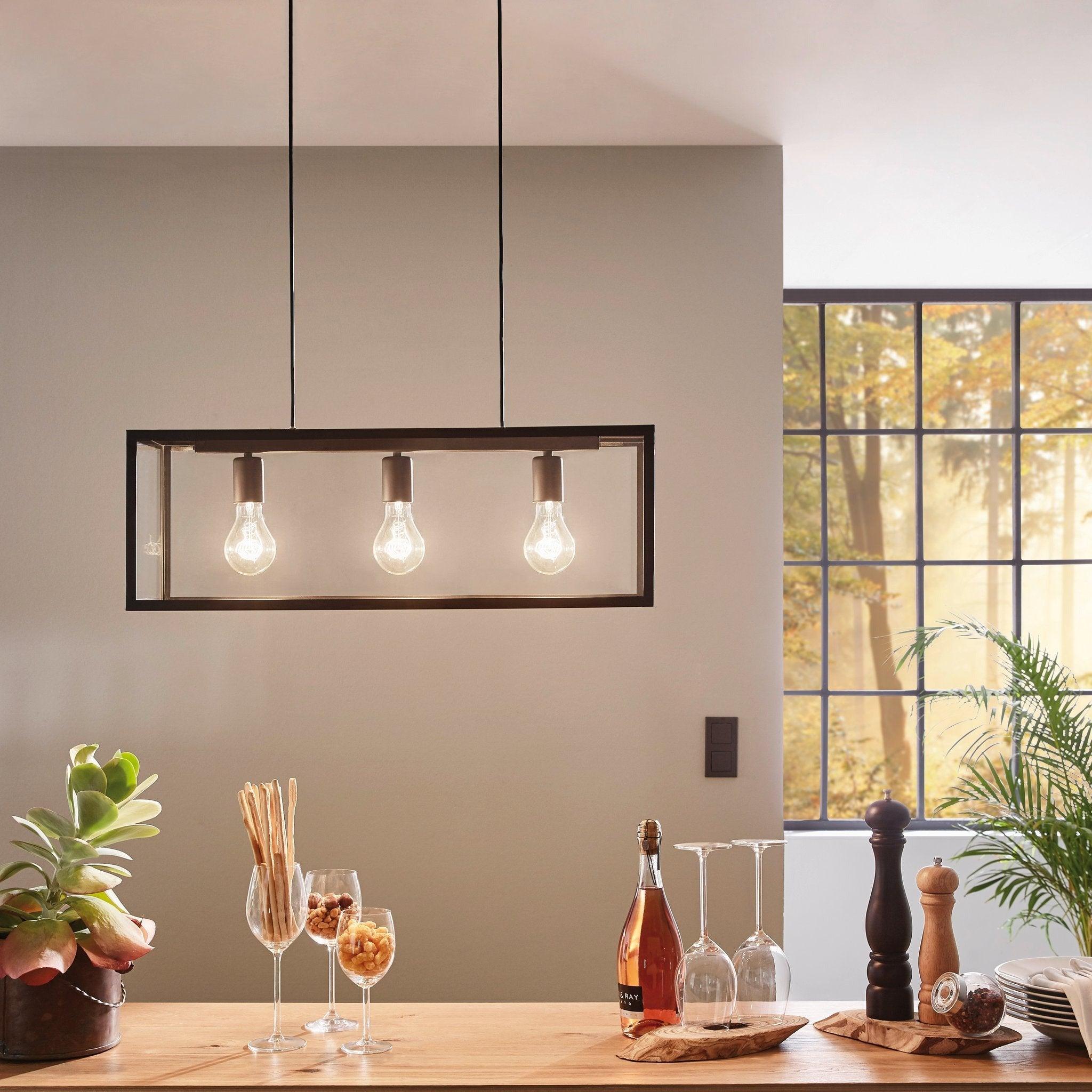 eglo charterhouse black metal framed glass panelled ceiling pendant