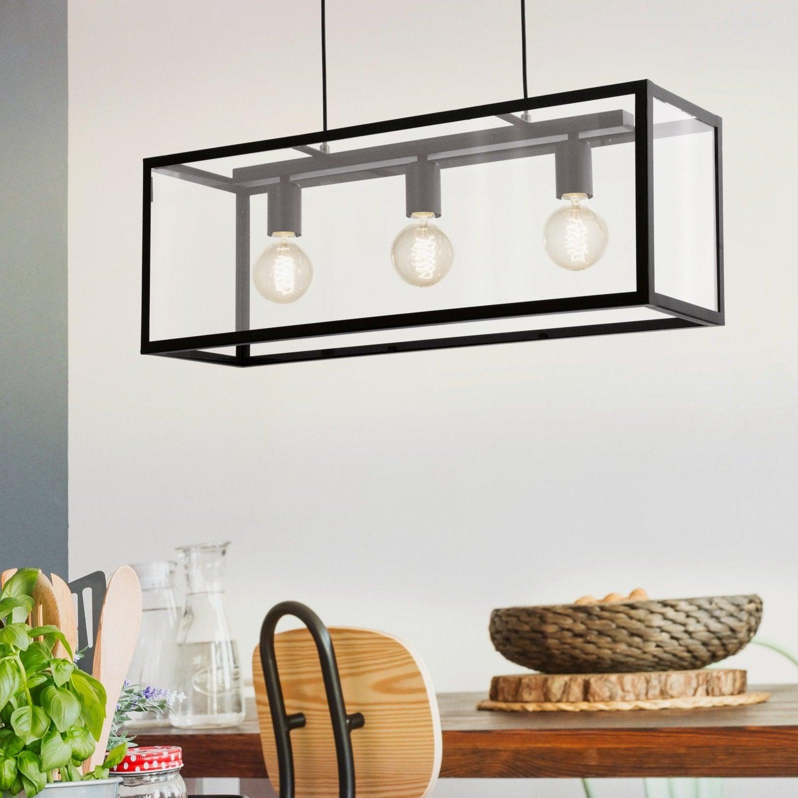 eglo charterhouse black metal framed glass panelled ceiling pendant living room image