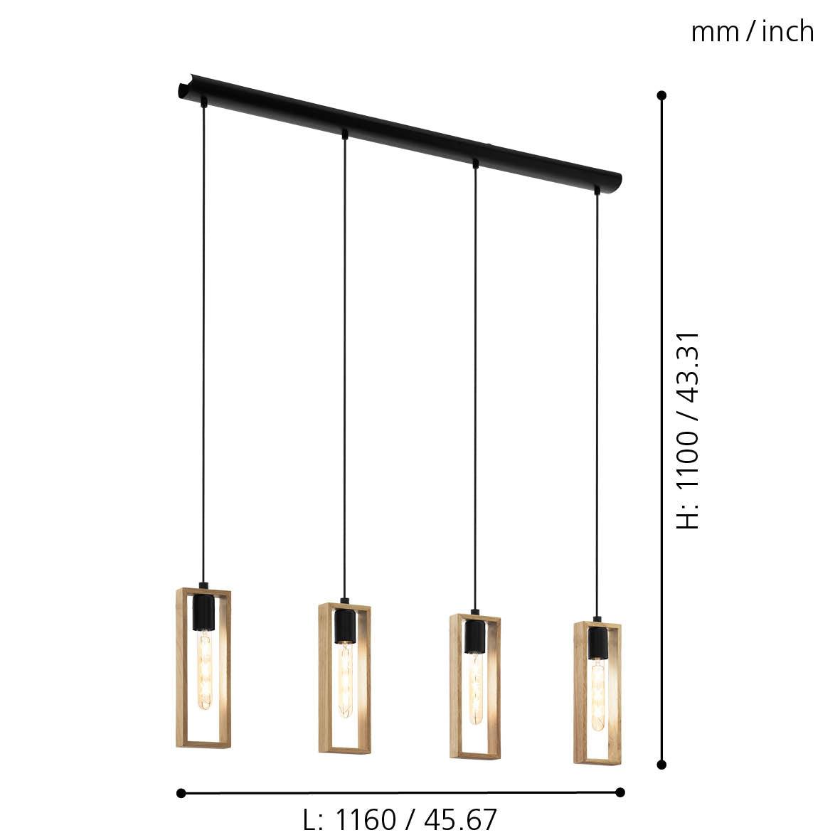 eglo littleton 3 light black wooden rectangular ceiling pendant living room close up