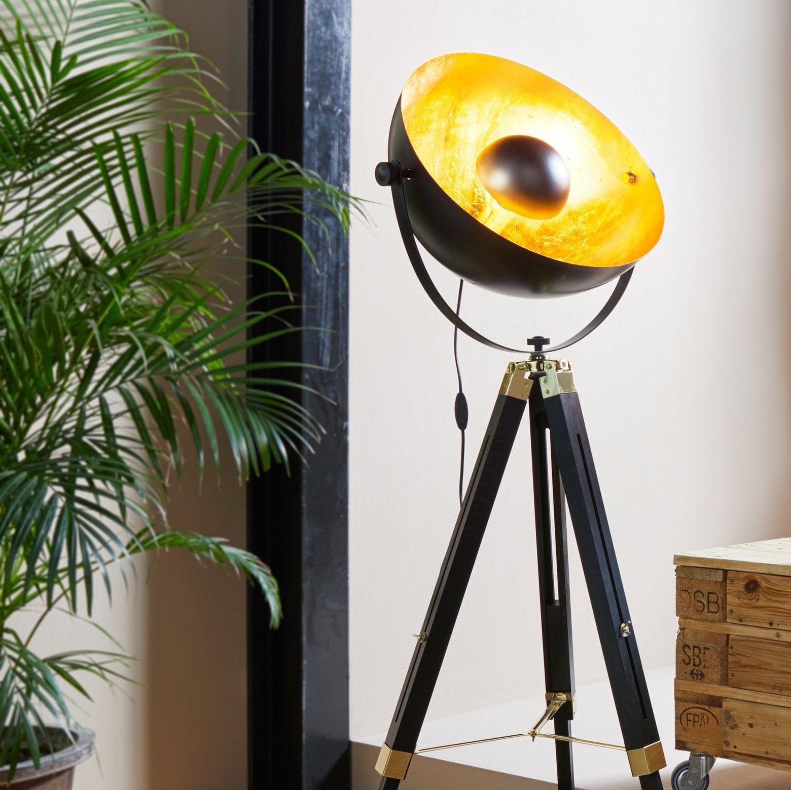 eglo covaleda black wood gold tripod adjustable floor lamp living room close up