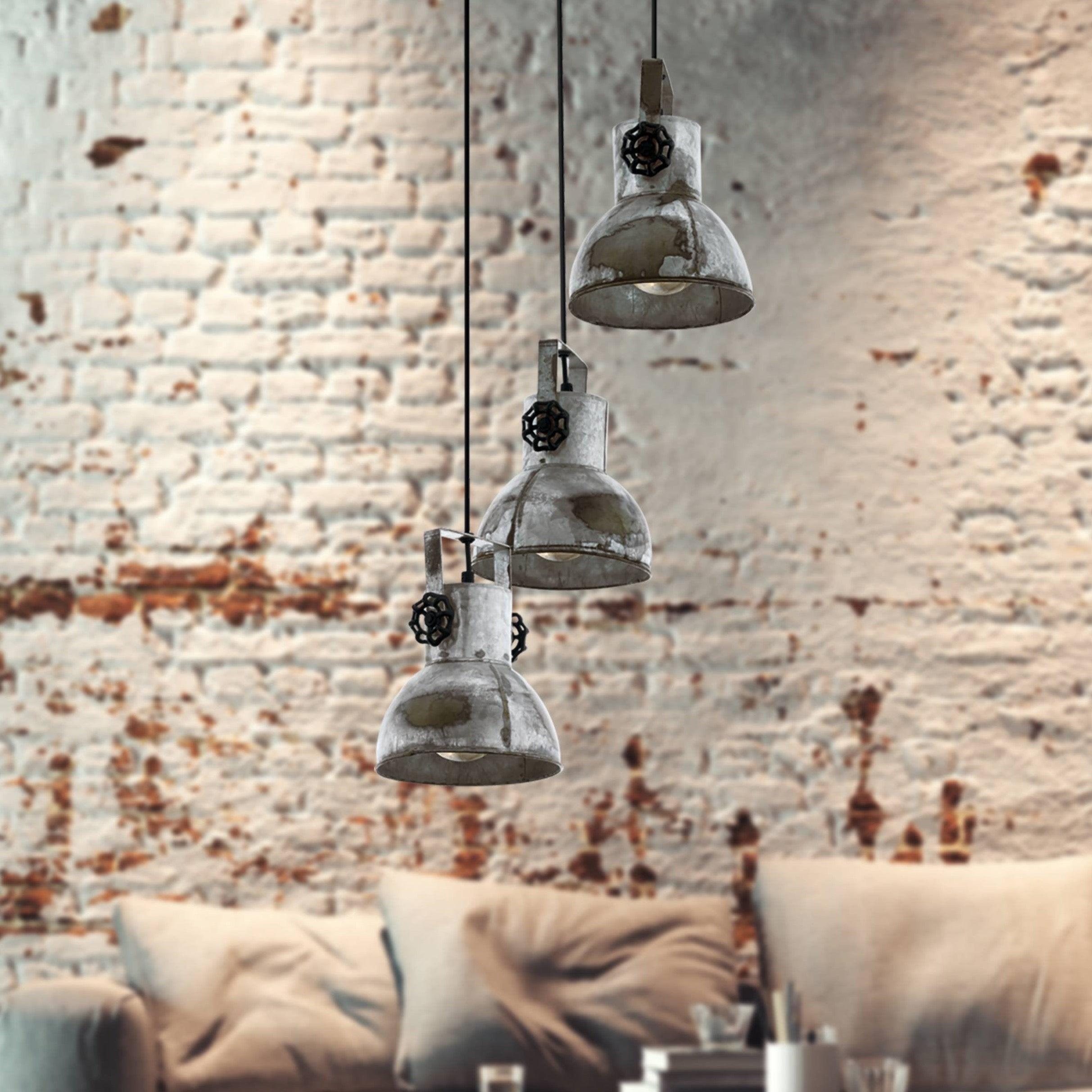 eglo barnstaple 3 light distressed steel ceiling pendant living room image