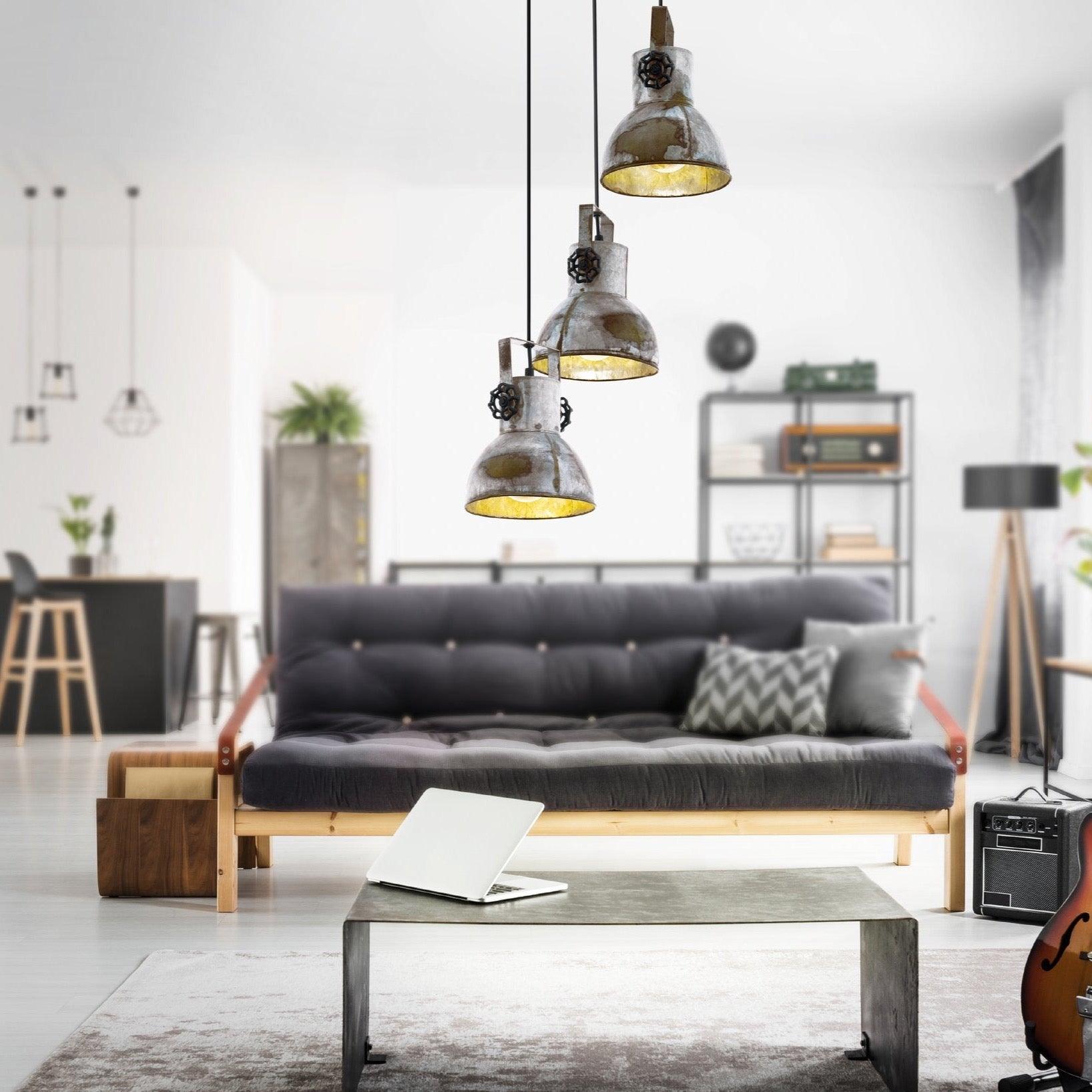 eglo barnstaple 3 light distressed steel ceiling pendant