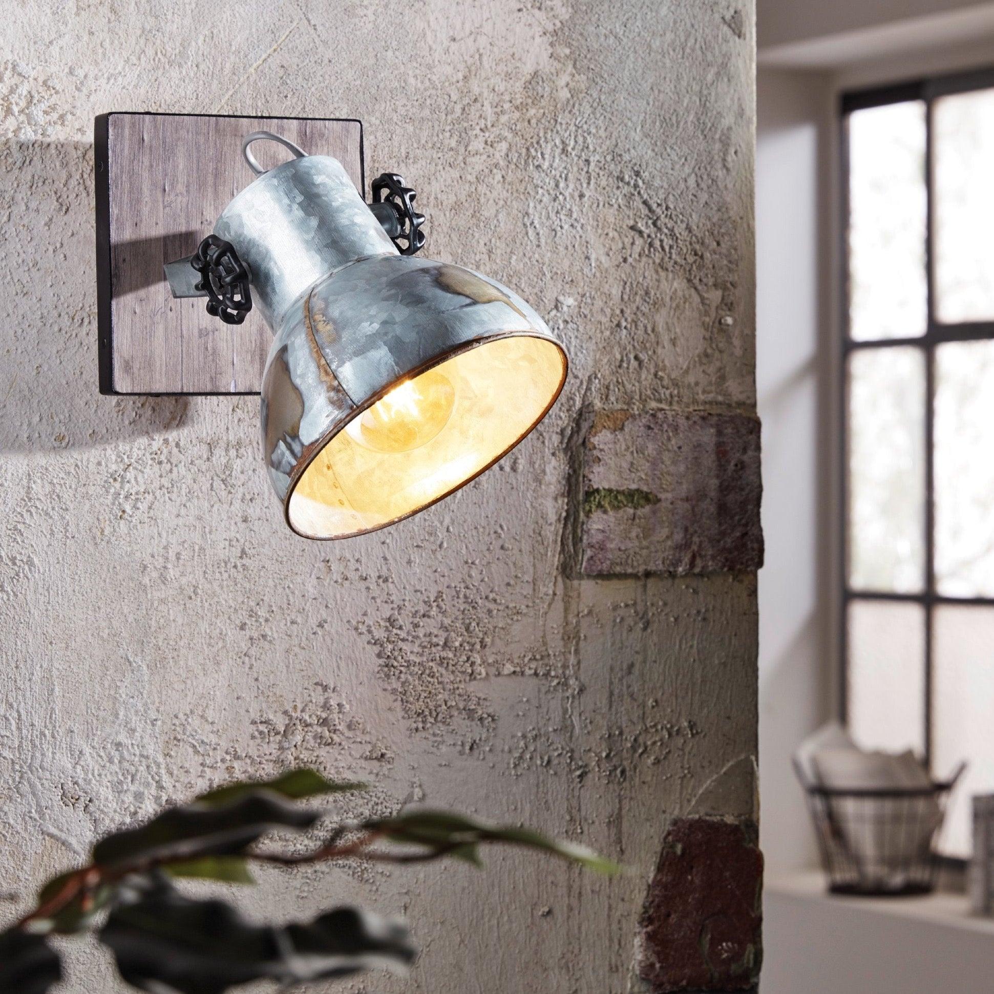 eglo barnstaple wood distressed steel wall spotlight living room image
